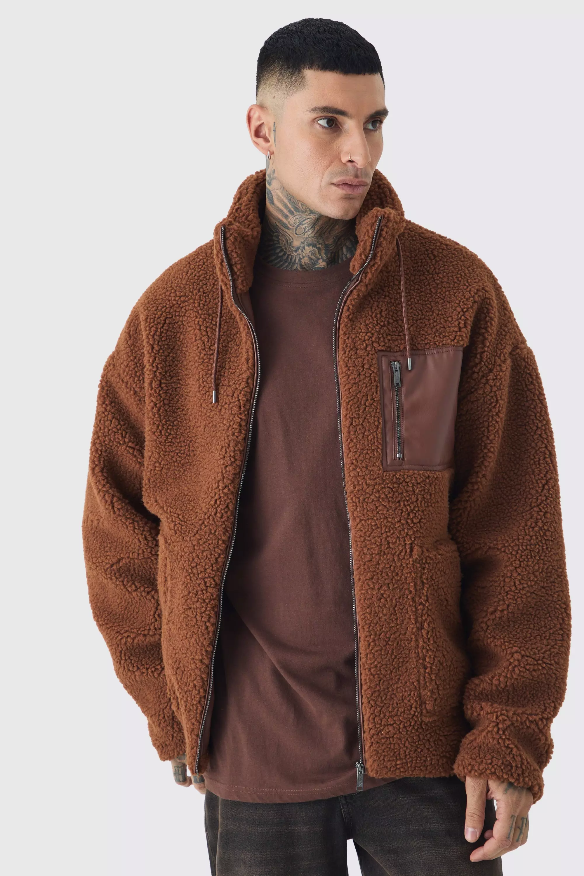 Tall Borg Funnel Neck Jacket With PU Pocket In Tan Tan