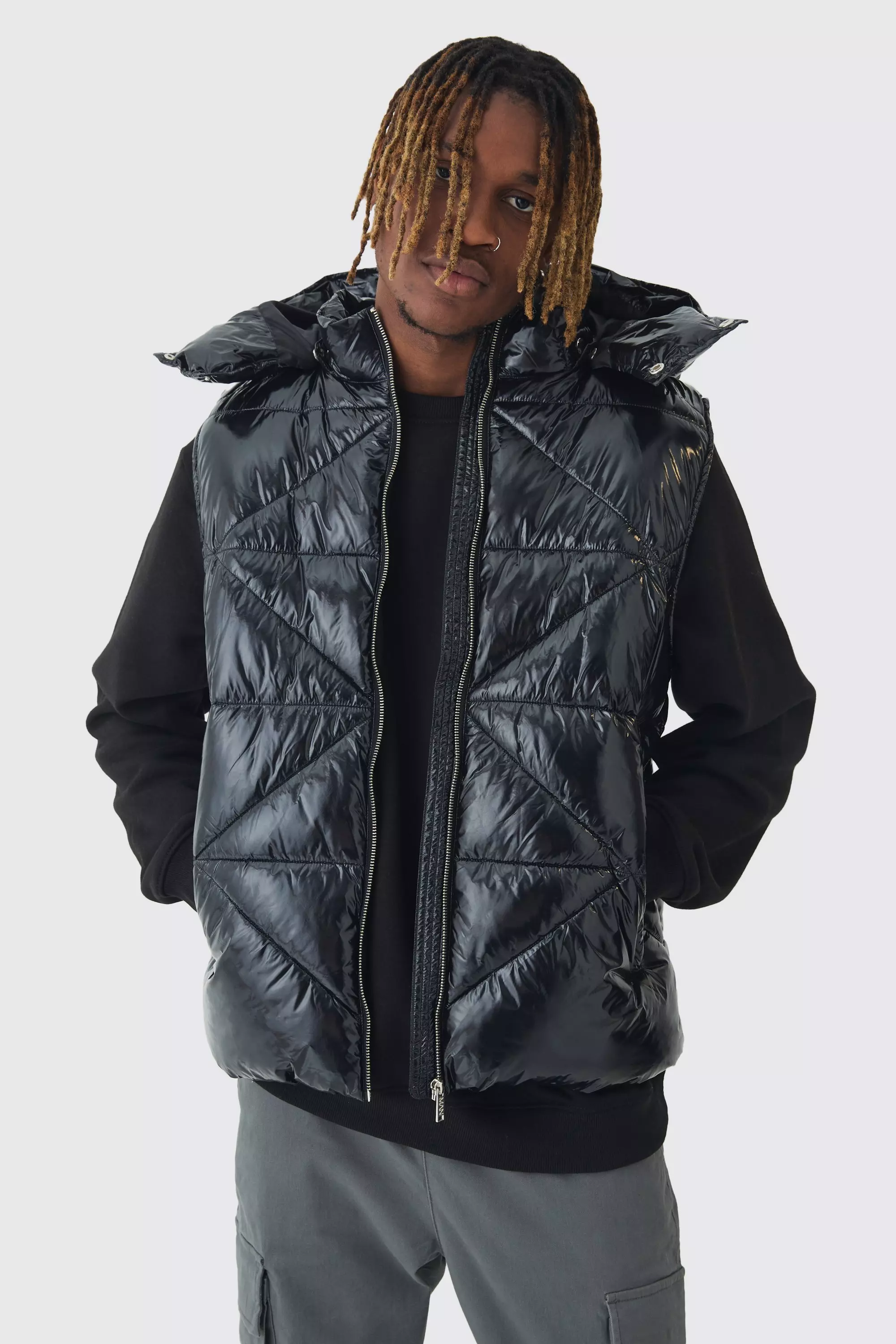 Tall Quilted High Shine Vinyl Hooded Vest In Black Black