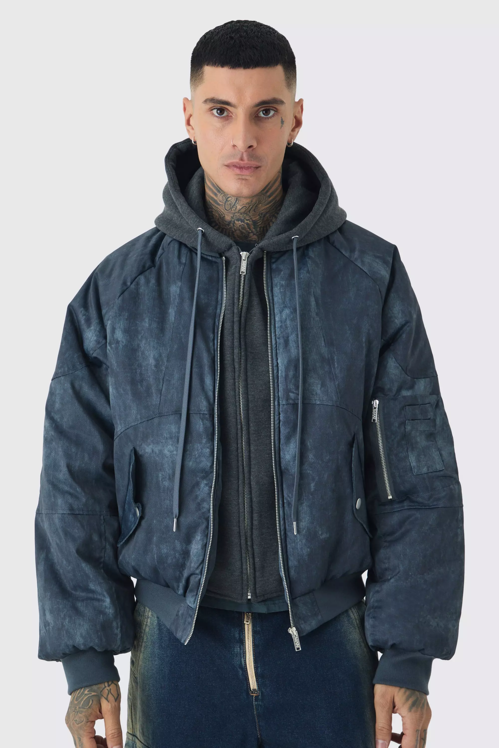 Tall Boxy Washed Padded Hooded Bomber Jacket In Black Black