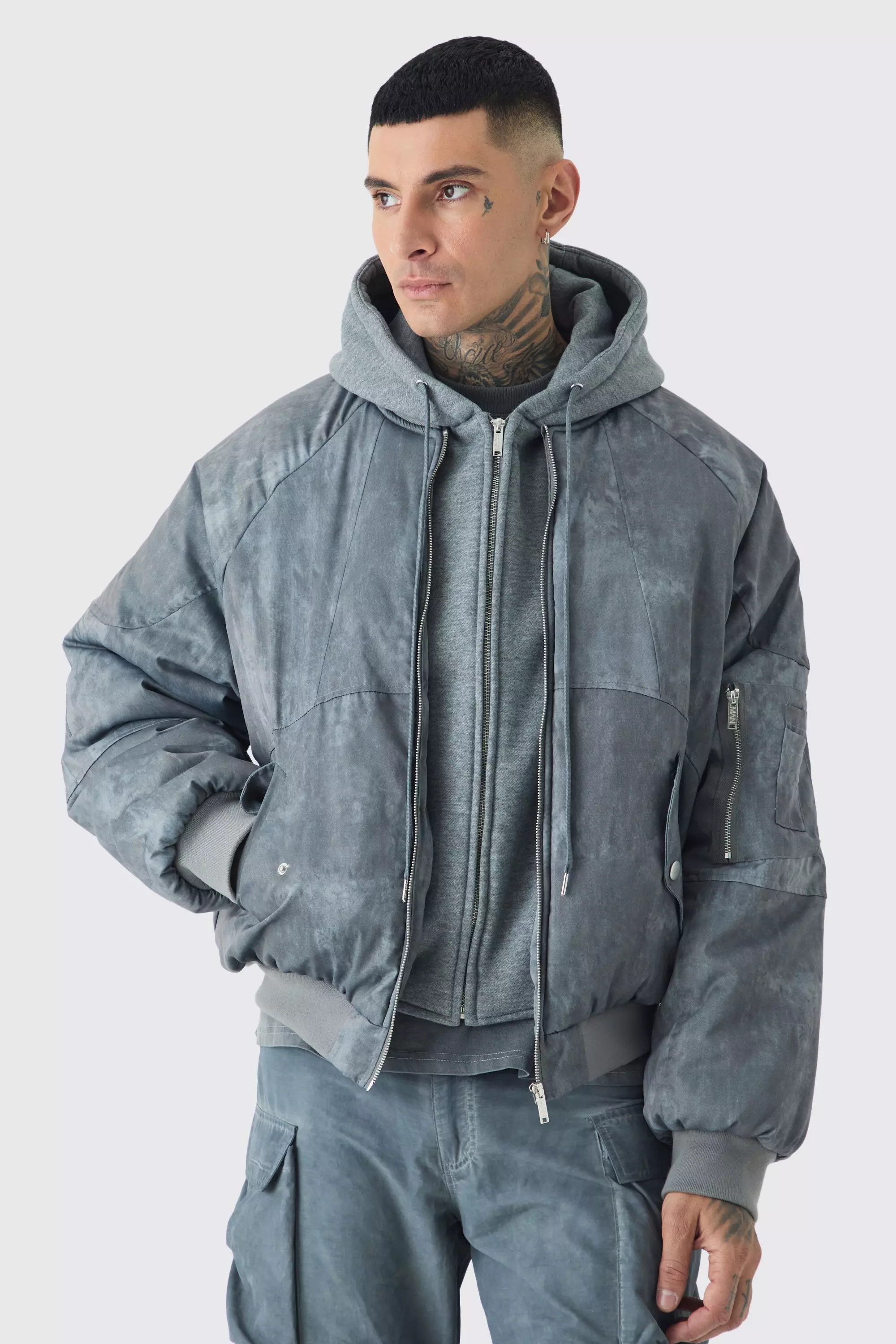 Tall Boxy Washed Padded Hooded Bomber Jacket In Grey Grey