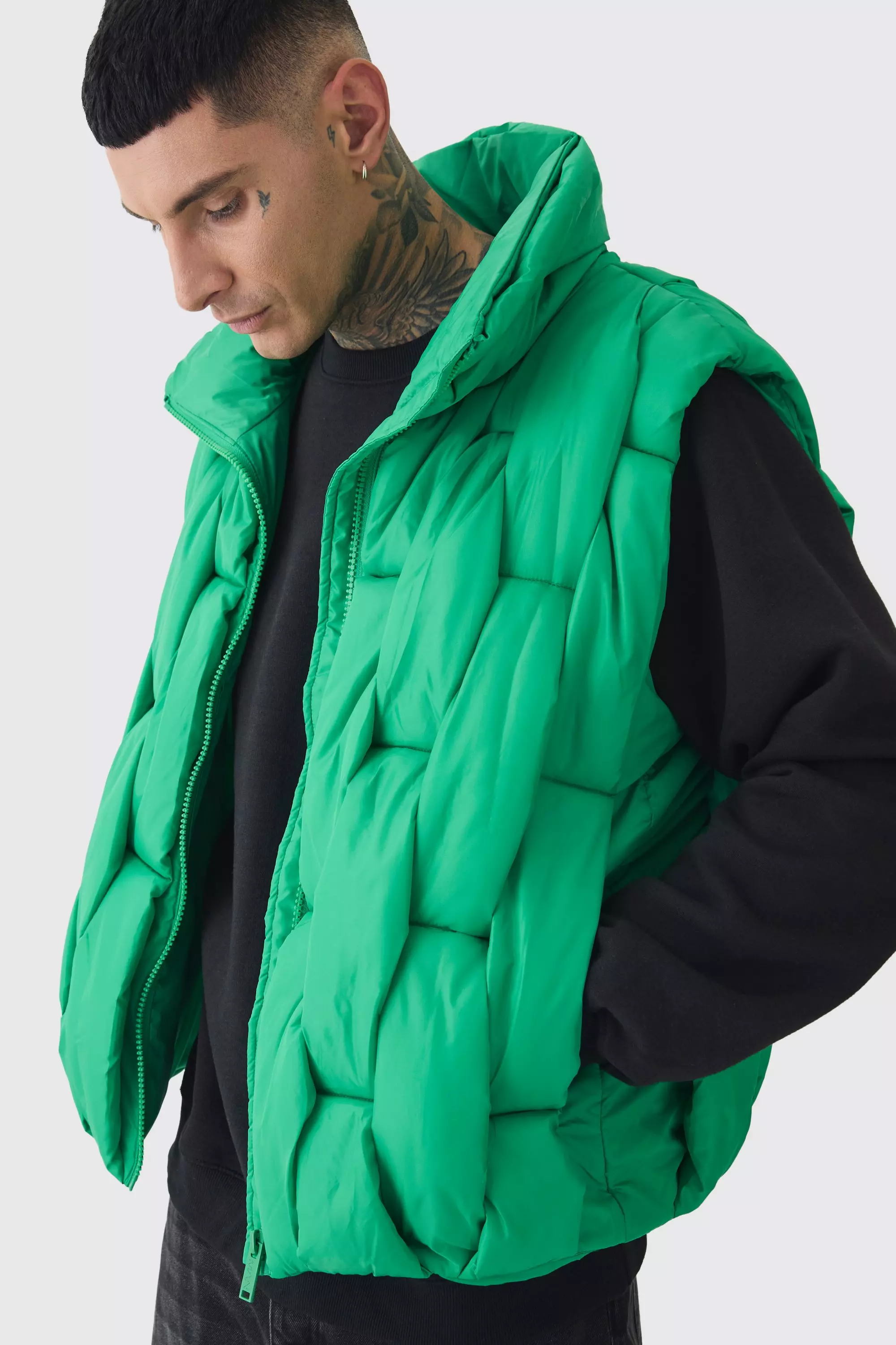 Tall Boxy Fit Hand Weft Padded Vest In Green Green