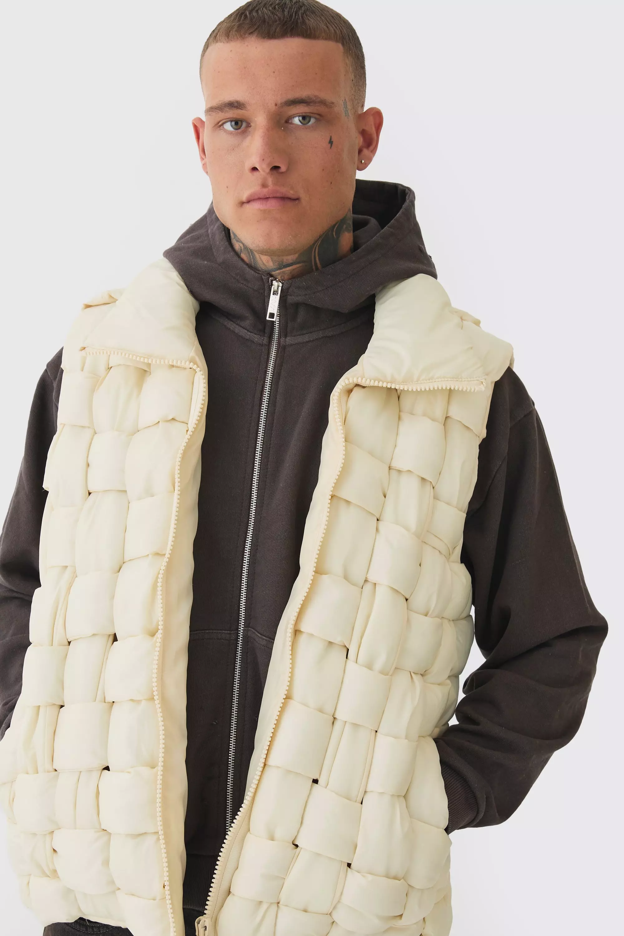 Tall Boxy Fit Hand Weft Padded Vest In Stone Stone