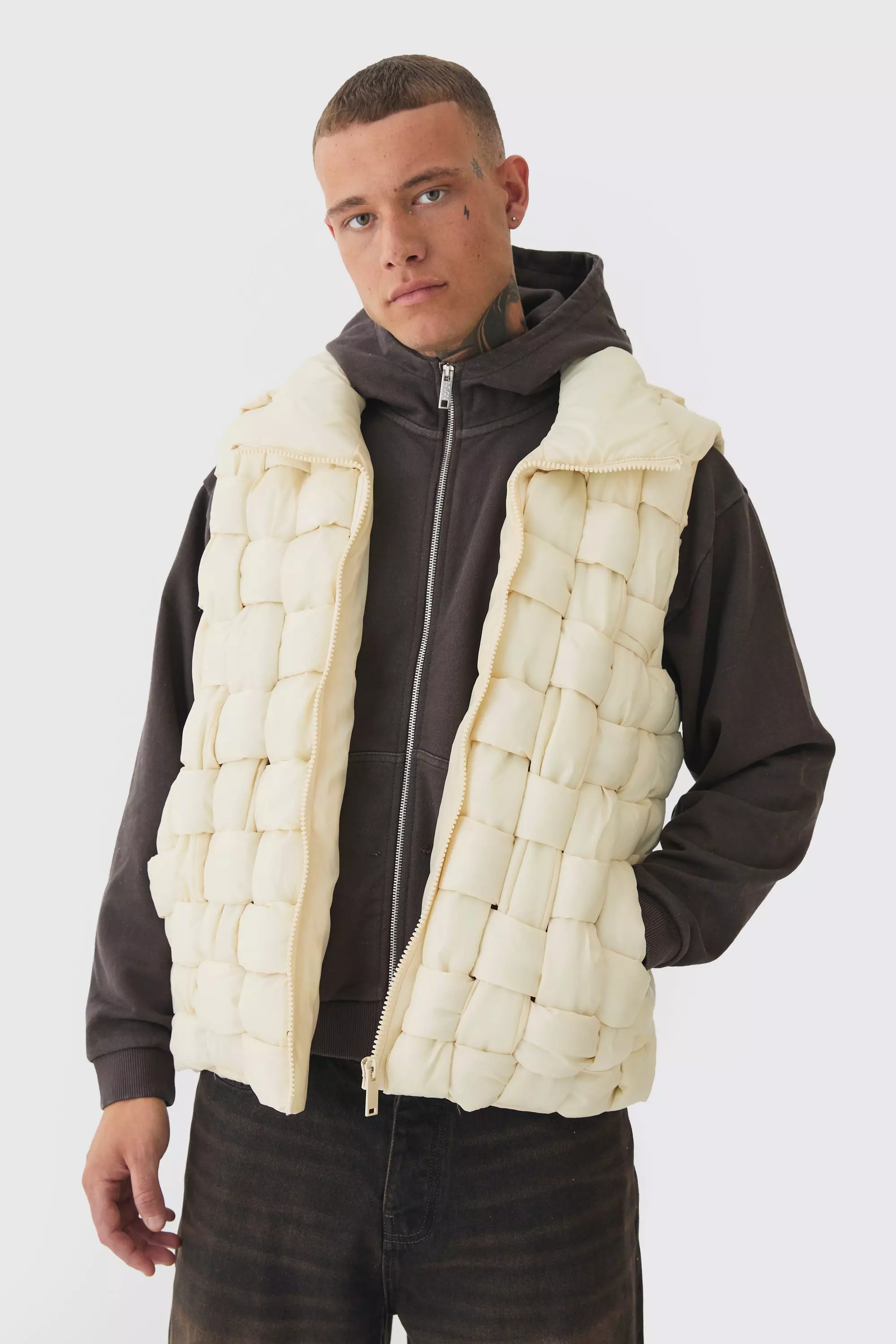 Tall Boxy Fit Hand Weft Padded Gilet In Stone alternative image