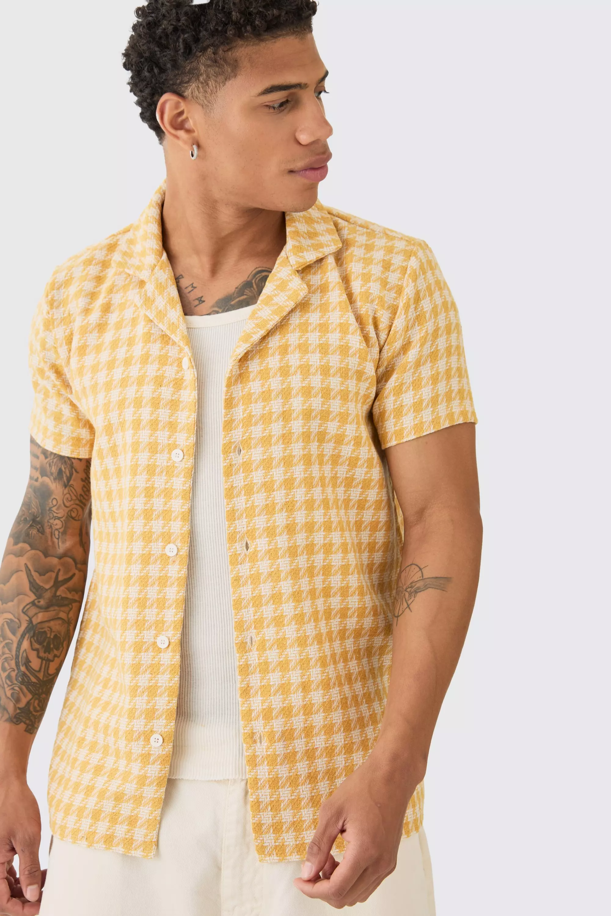 Short Sleeve Linen Look Houndstooth Shirt Mustard