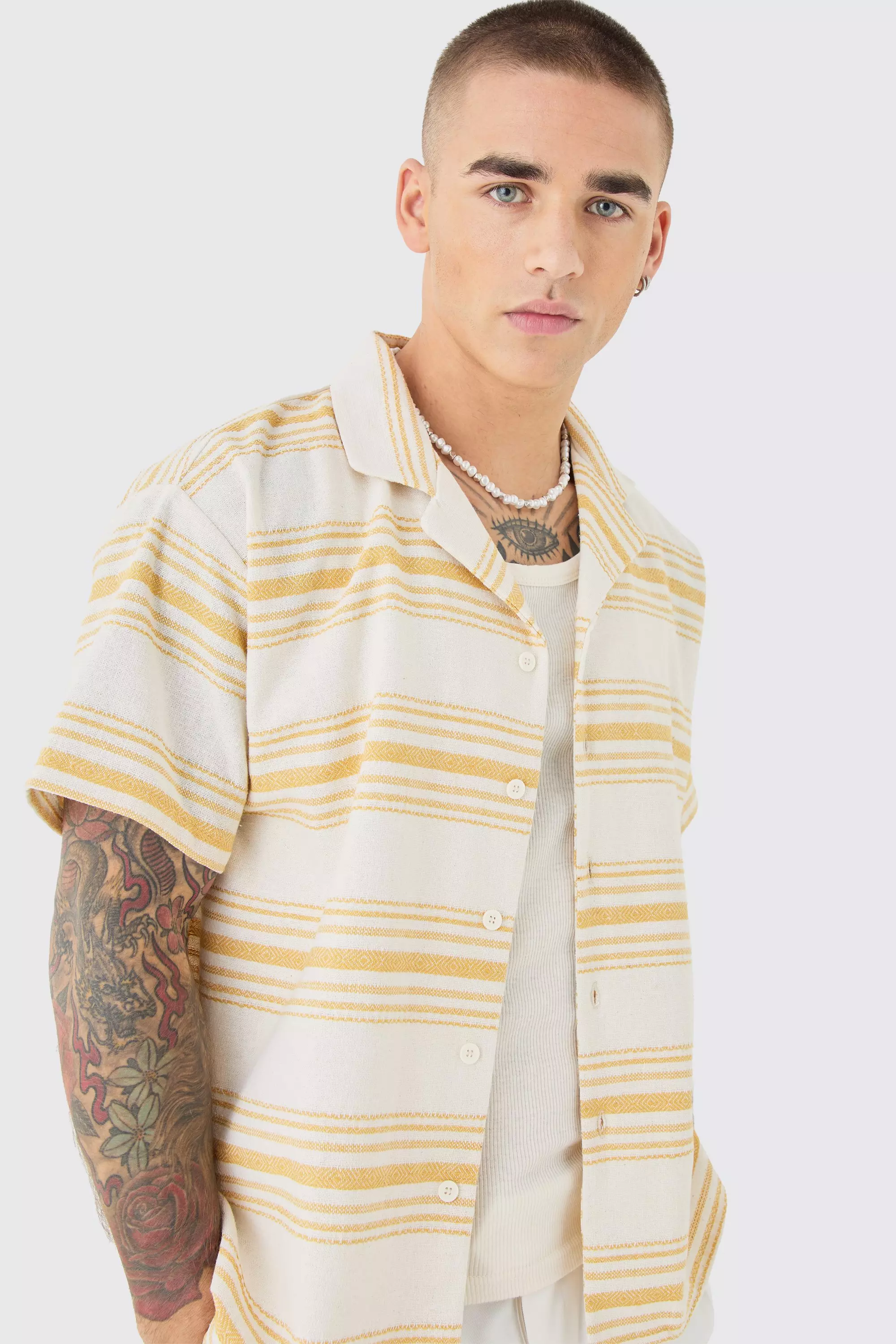 Short Sleeve Aztec Stripe Boxy Shirt Taupe