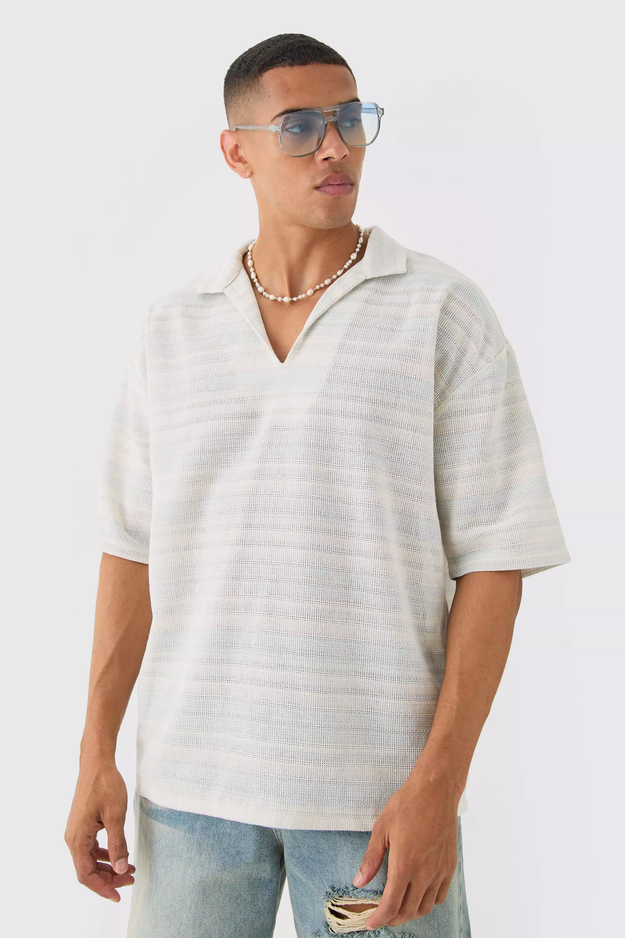 Overhead V Neck Woven Stripe Shirt Blue