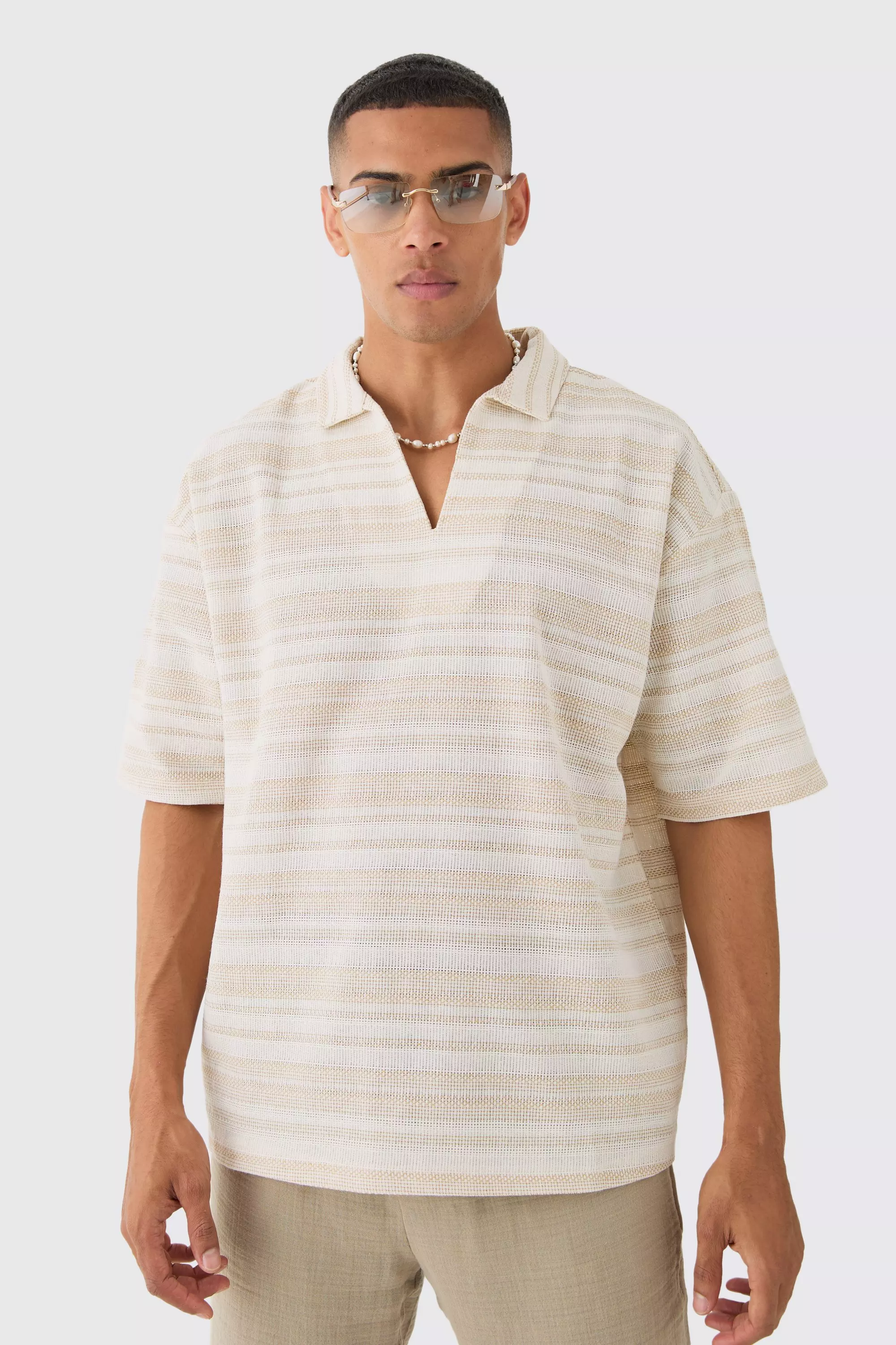 Overhead V Neck Woven Stripe Shirt Tan