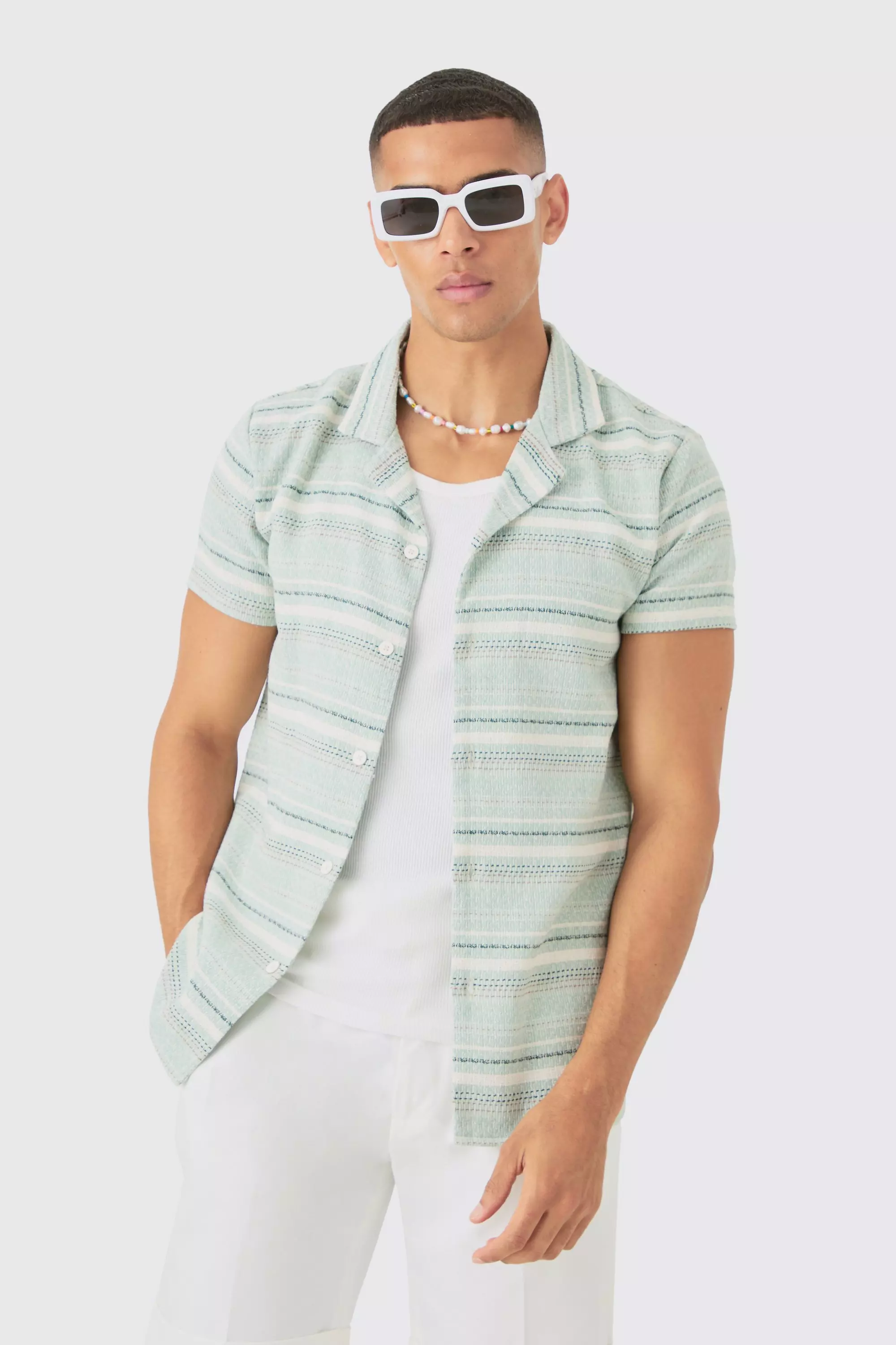 Green Short Sleeve Textured Stripe Shirt alternative image