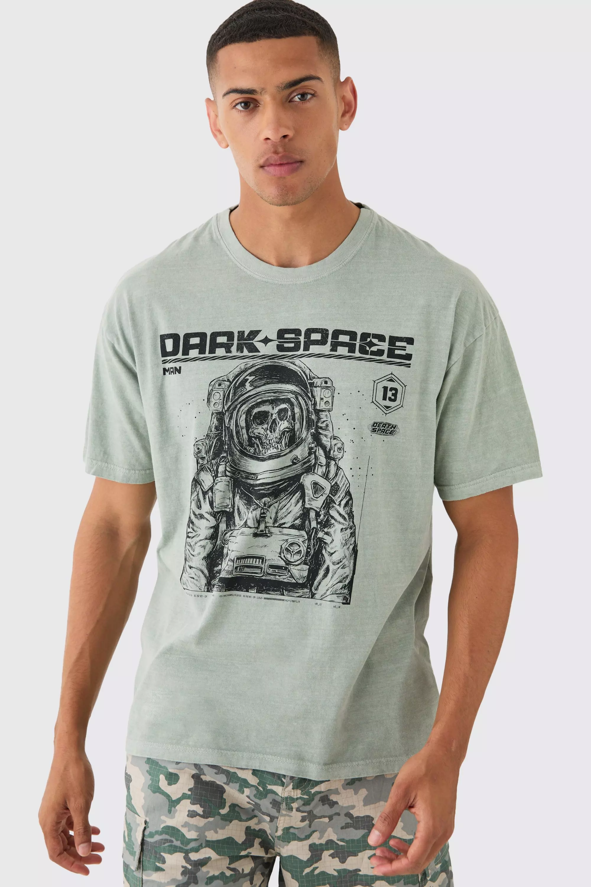 Oversized Washed Skeleton Astronaut Graphic T-shirt Khaki