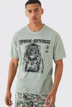 Oversized Washed Skeleton Astronaut T-shirt Khaki