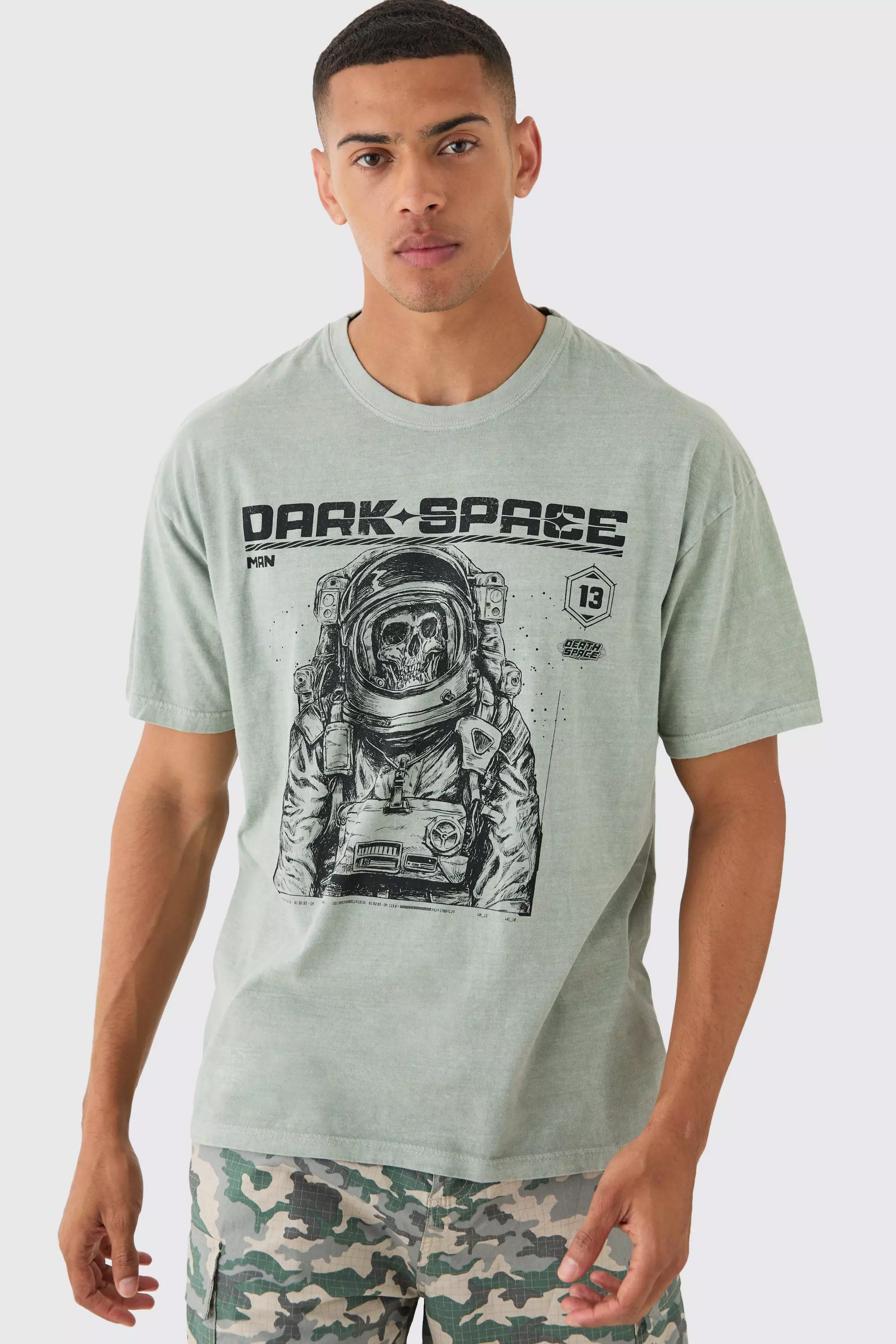 Oversized Washed Skeleton Astronaut T-shirt Khaki