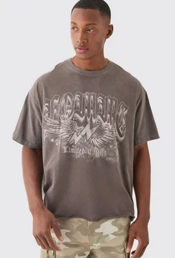 Chocolate Brown Oversized Homme Eagle Wing Wash T-shirt