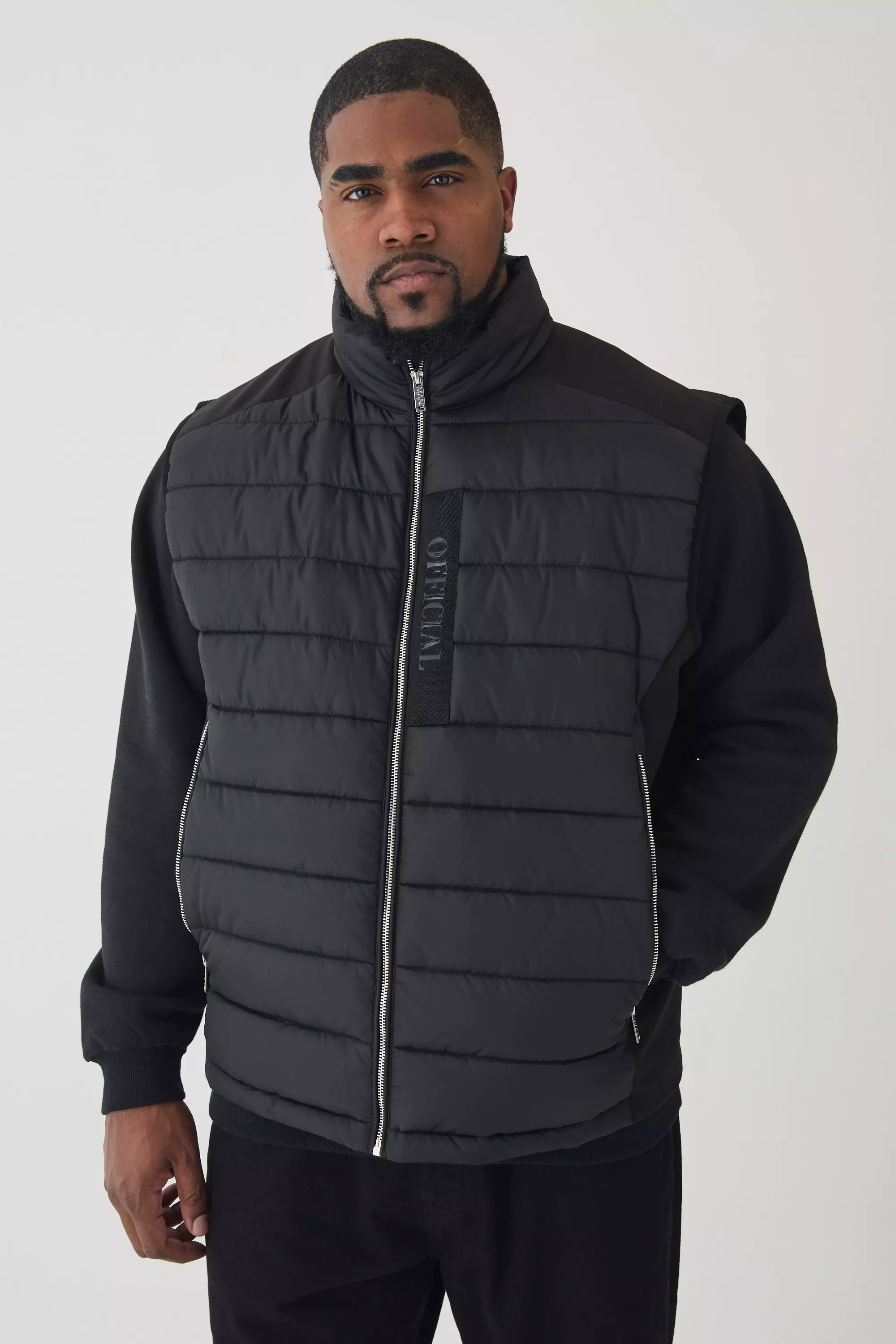 Black Plus Official Funnel Neck Puffer Vest In Black