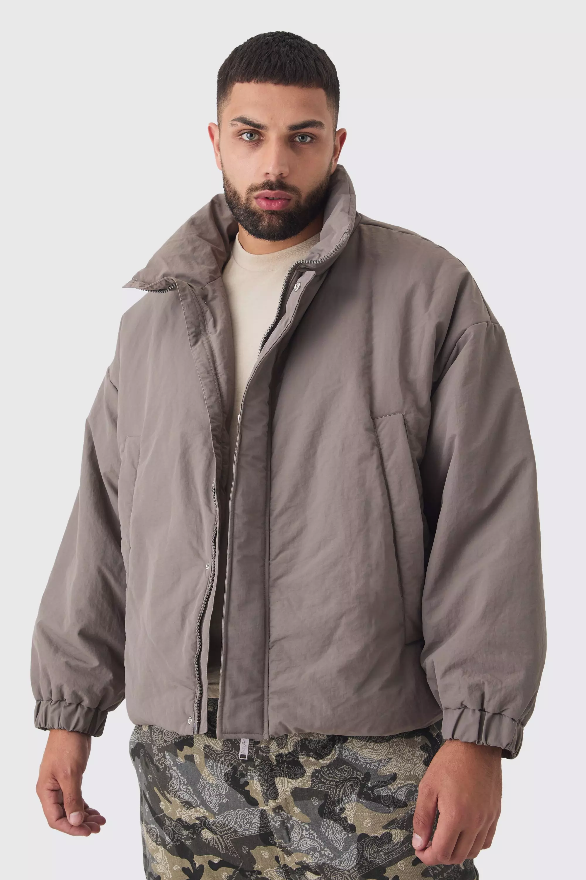 boohoo Women s Plus Oversized Boxy Padded Funnel Neck Coat in Charcoal Gray Casual Jackets