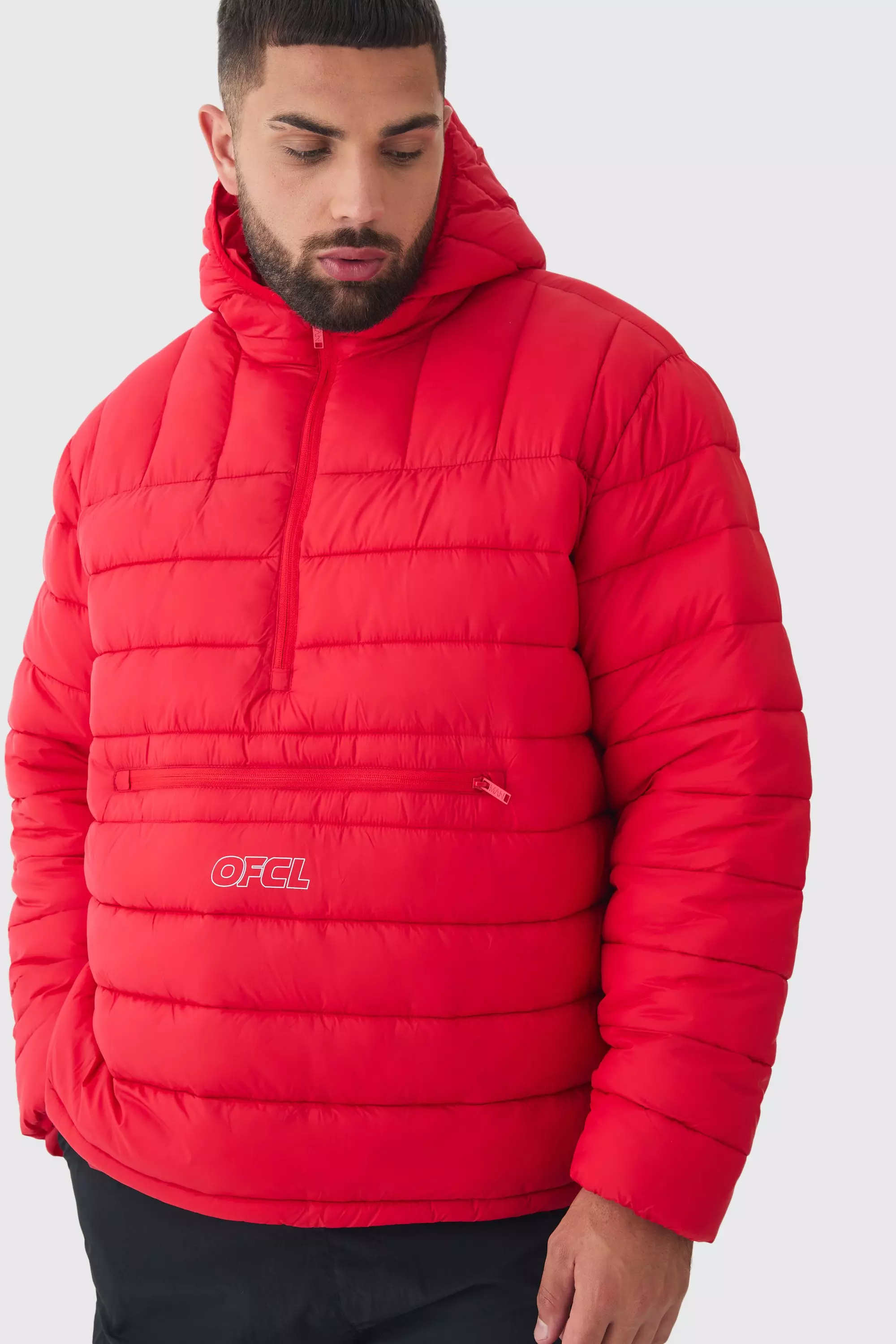 Plus Ofcl Half Zip Hooded Puffer Jacket In Red Red