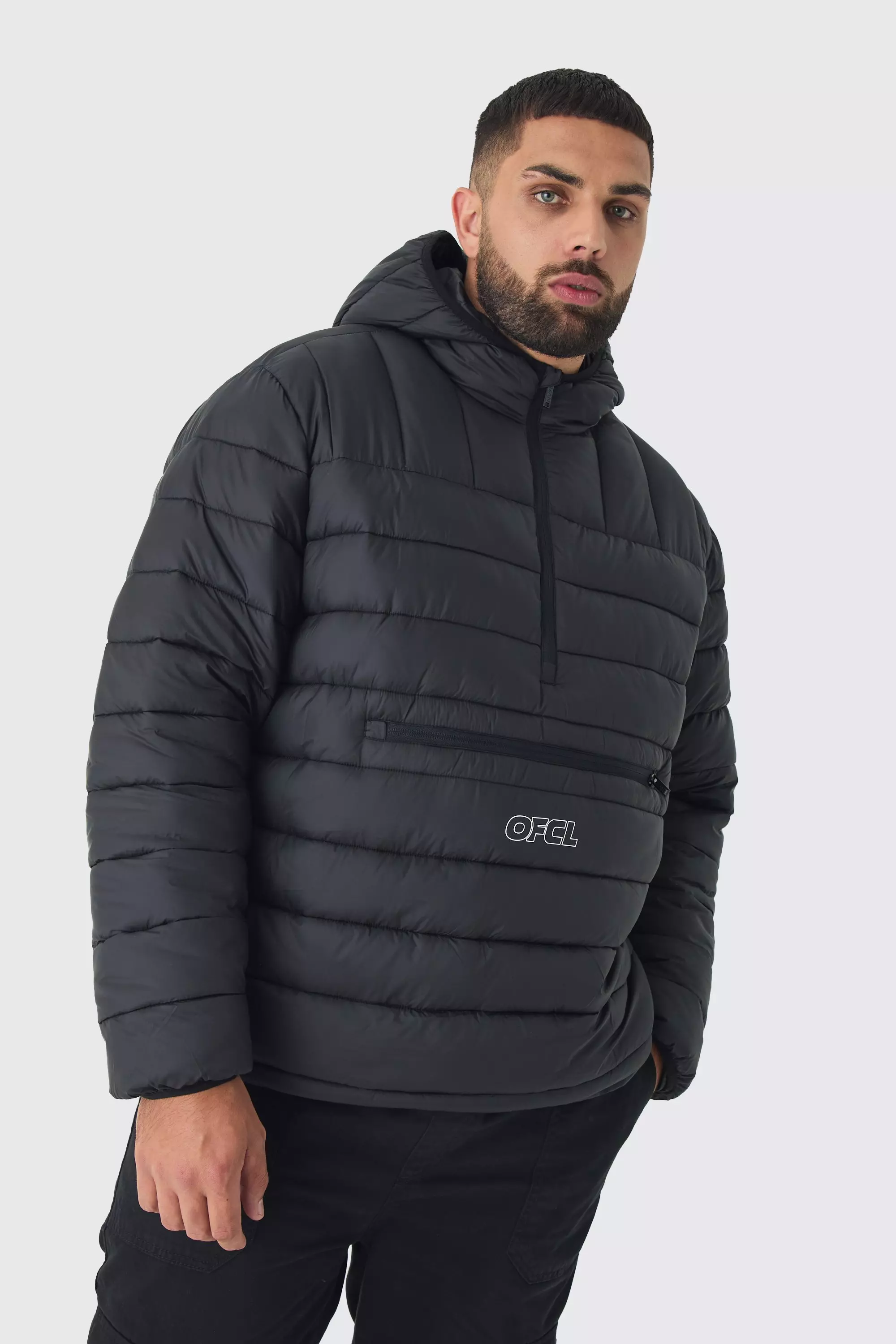 Plus Ofcl Half Zip Hooded Puffer Jacket In Black Black