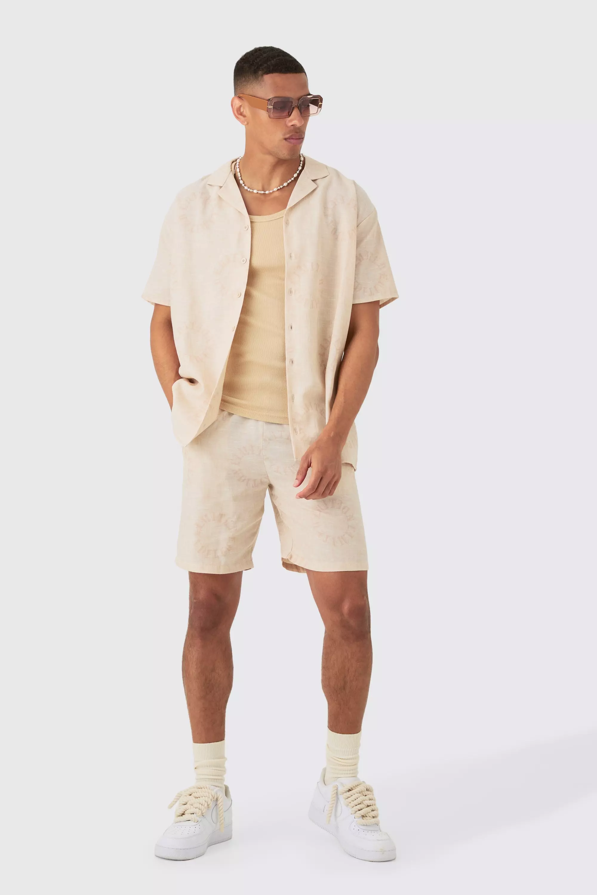 Oversized Linen Look Monogram Shirt & Short Set Stone