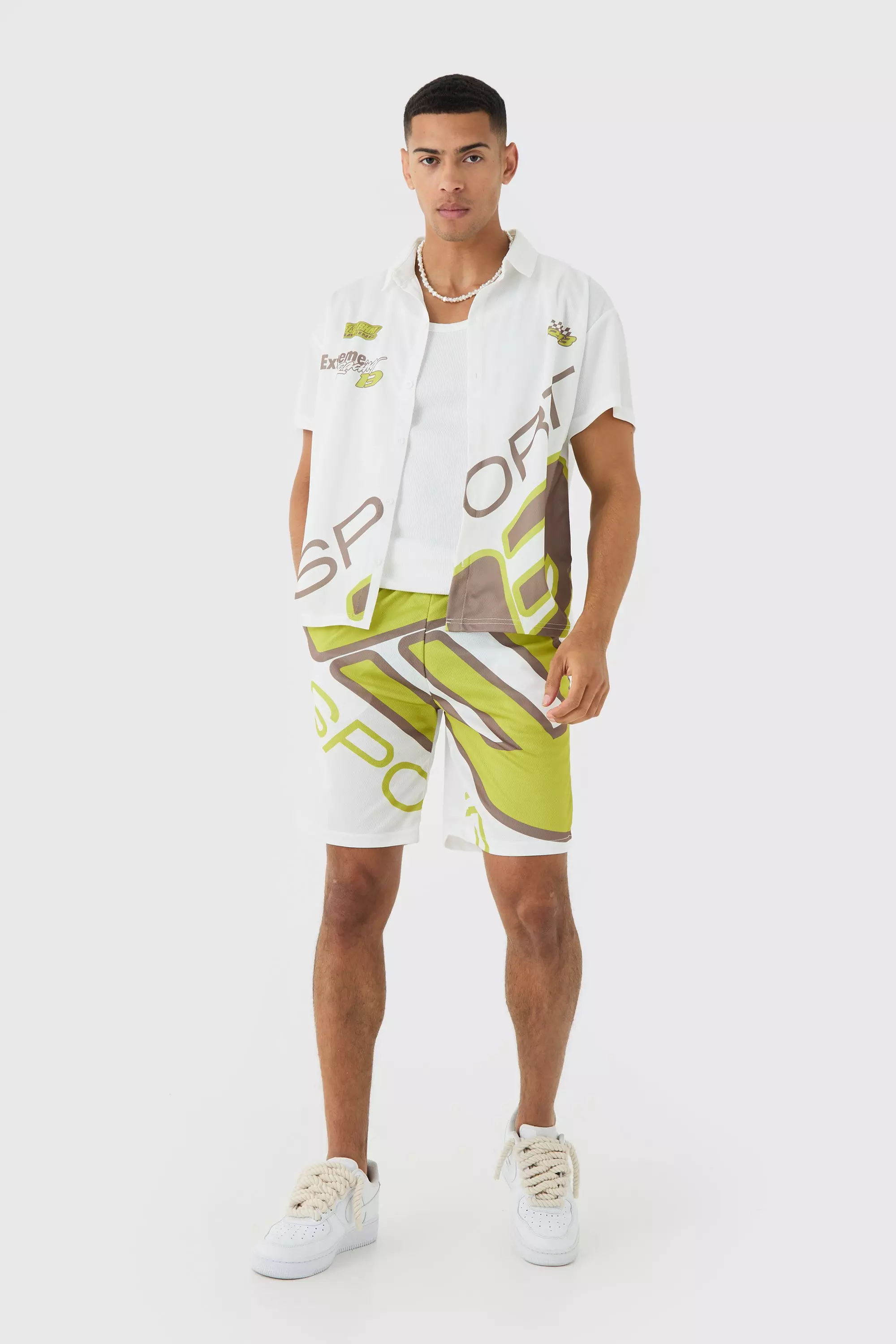 Boxy Mesh Moto Sport Shirt & Short Set White