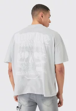 Grey Oversized Wash Homme Skull Print T-shirt