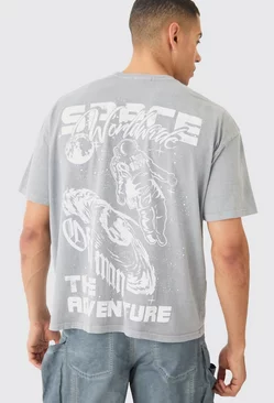 Oversized Wash Space Graphic T-shirt Grey