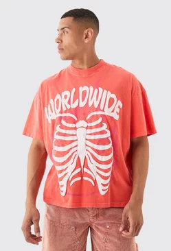 Red Oversized Extended Neck Rib Cage T-shirt