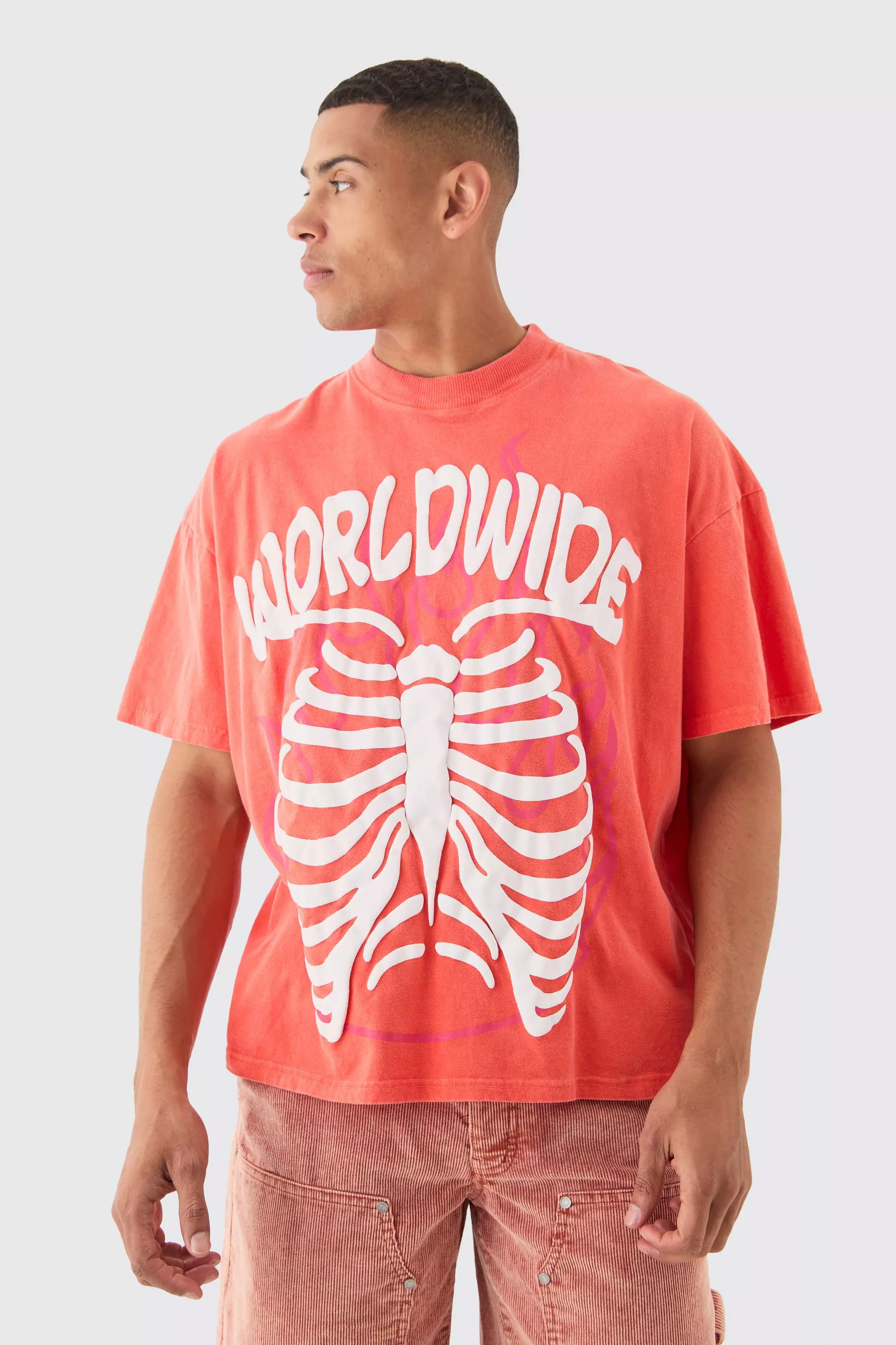 Red Oversized Extended Neck Rib Cage T-shirt