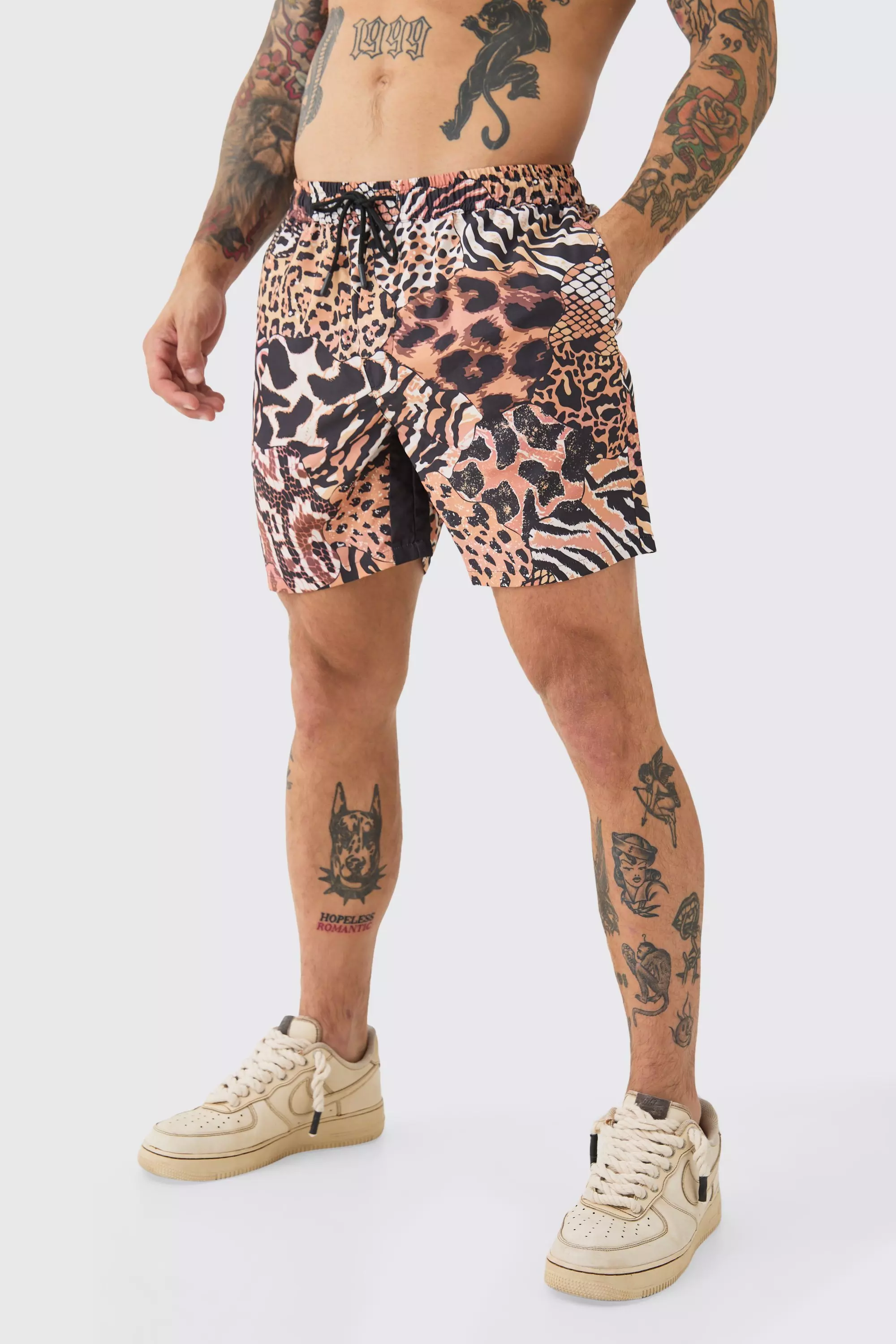 Brown Mid Short Animal Print Gusset Swim Trunks