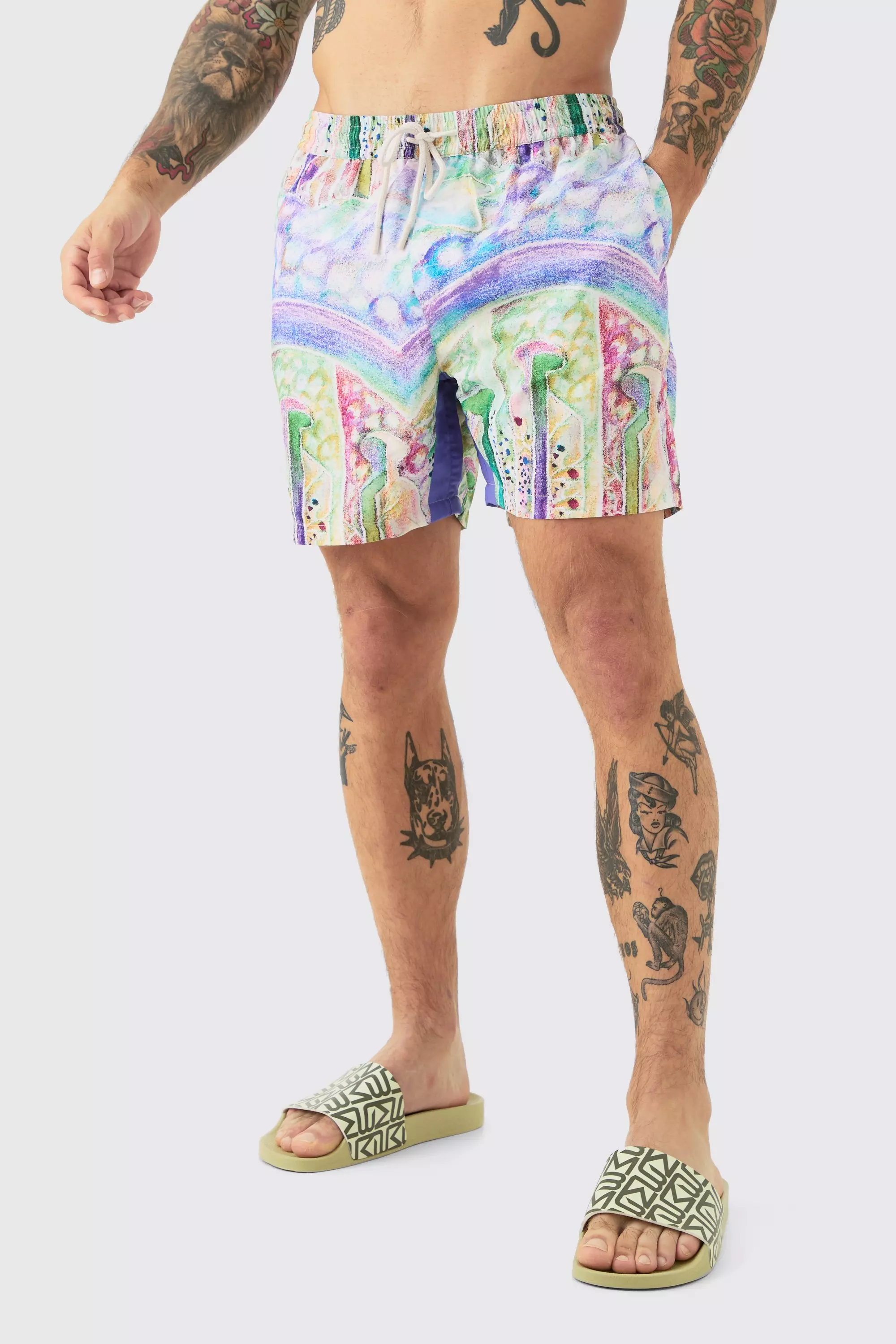 Mid Length Abstract Print Gusset Swim Trunks Purple