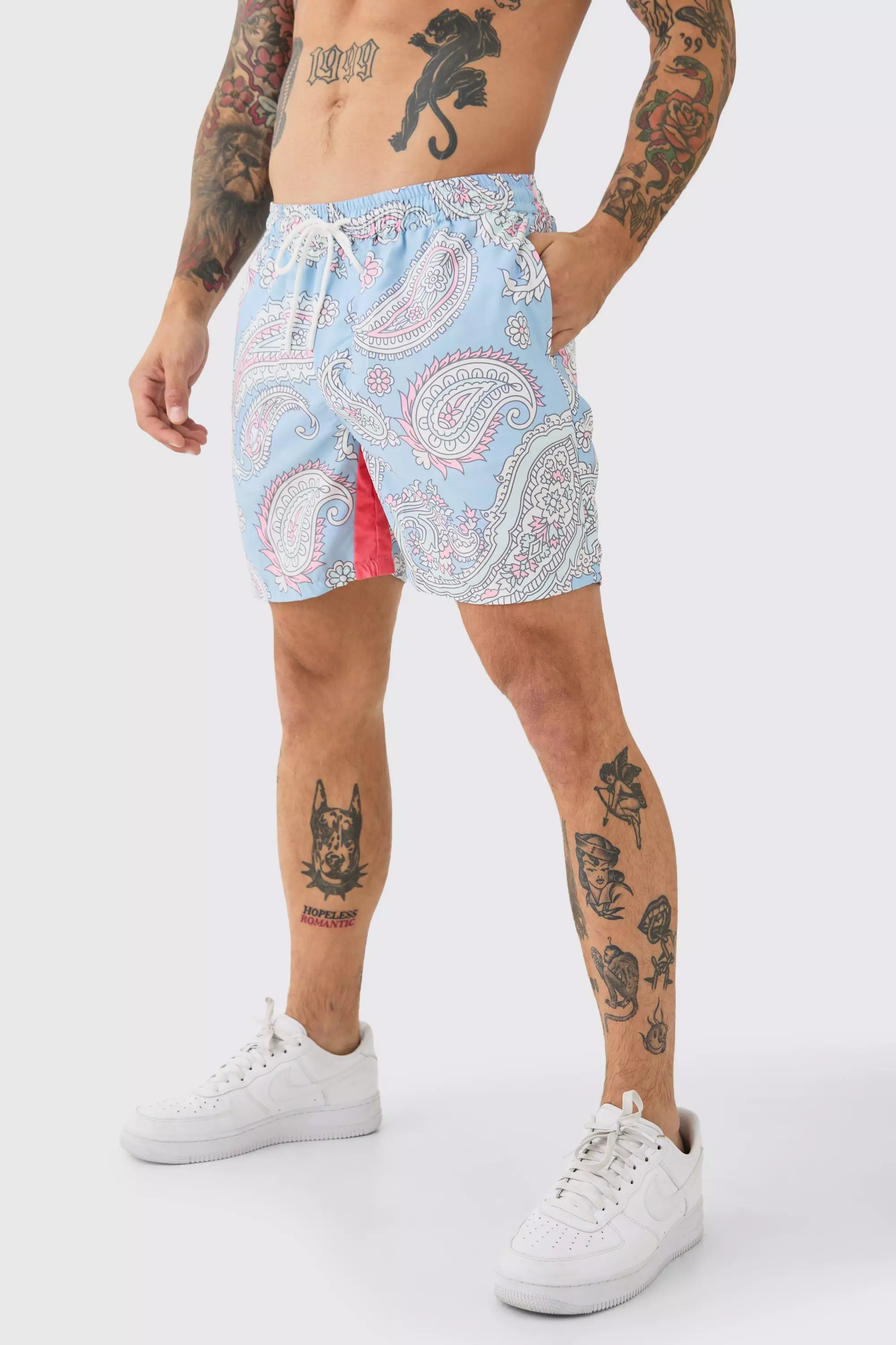 Blue Mid Length Paisley Print Gusset Swim Trunks