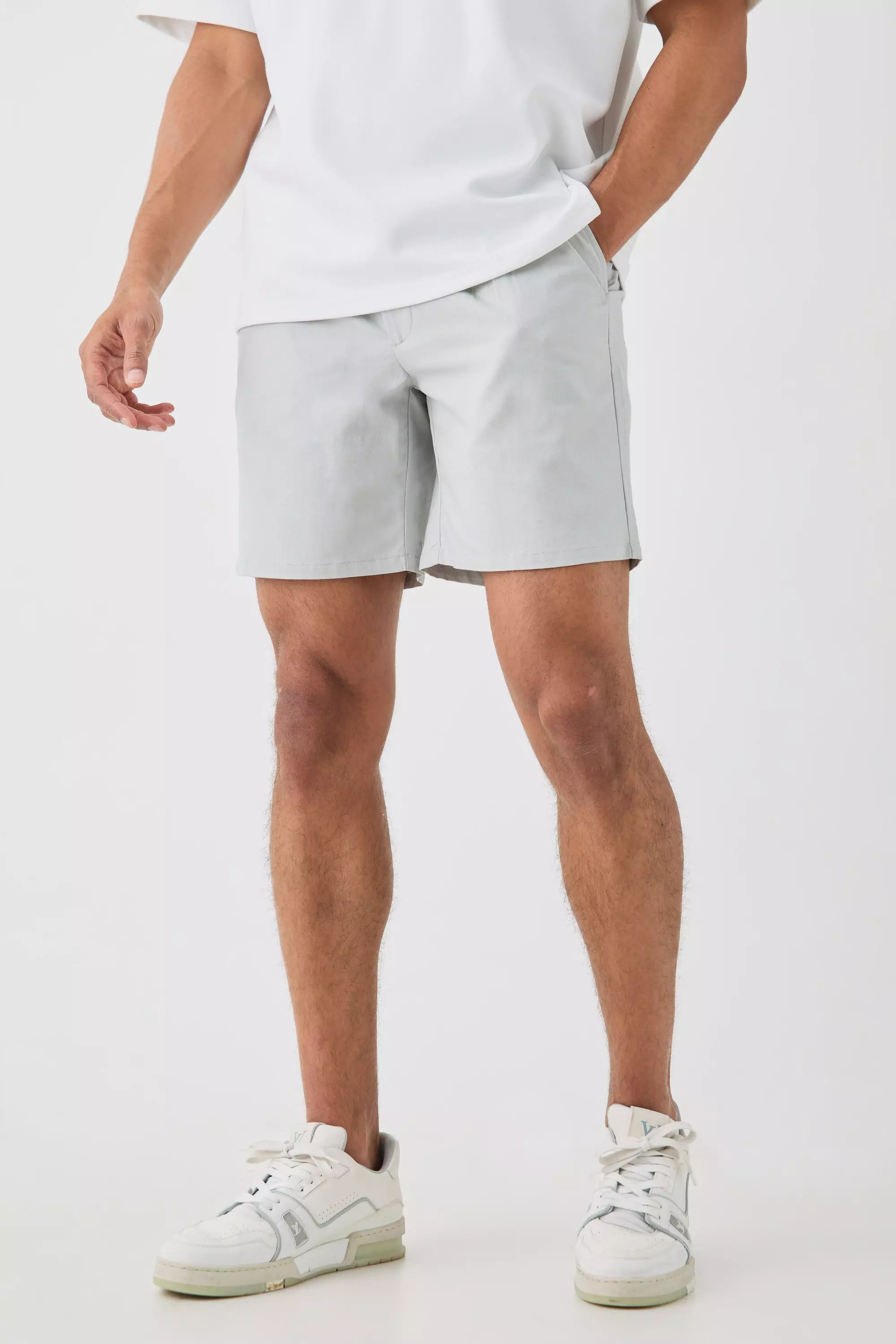 Relaxed Fit Tie Waistband Tailored Linen Shorts In Grey Grey