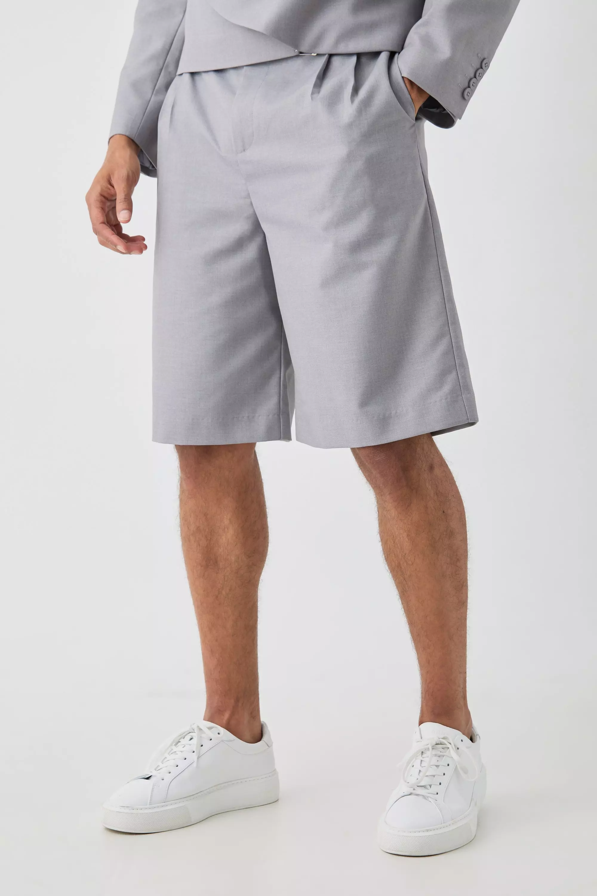 Fixed Waistband Tailored Pleated Jorts In Grey Grey