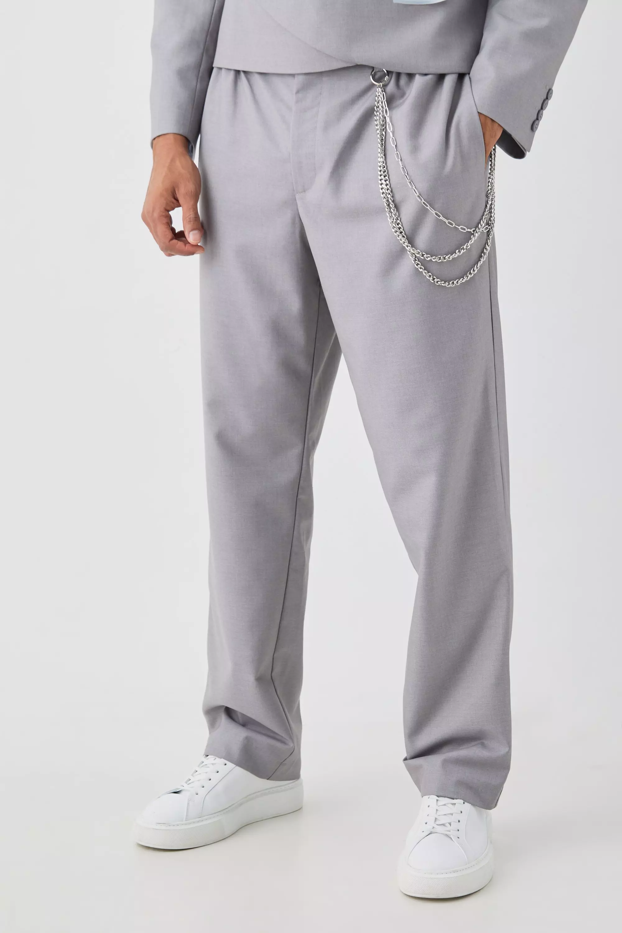 Relaxed Fit Tailored Pants With Chain In Grey Grey