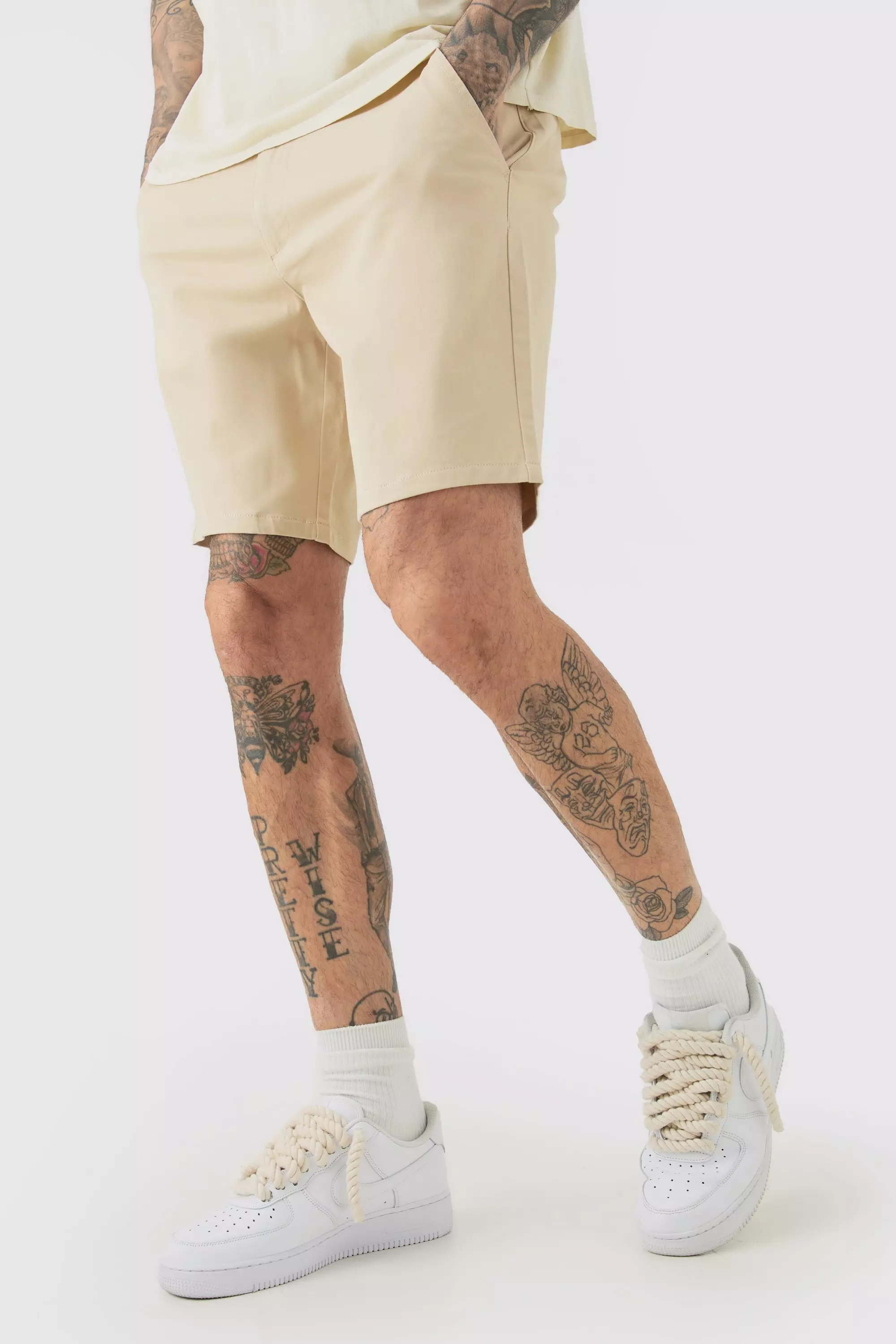 Tall Fixed Waist Stone Slim Fit Chino Shorts boohooMAN USA