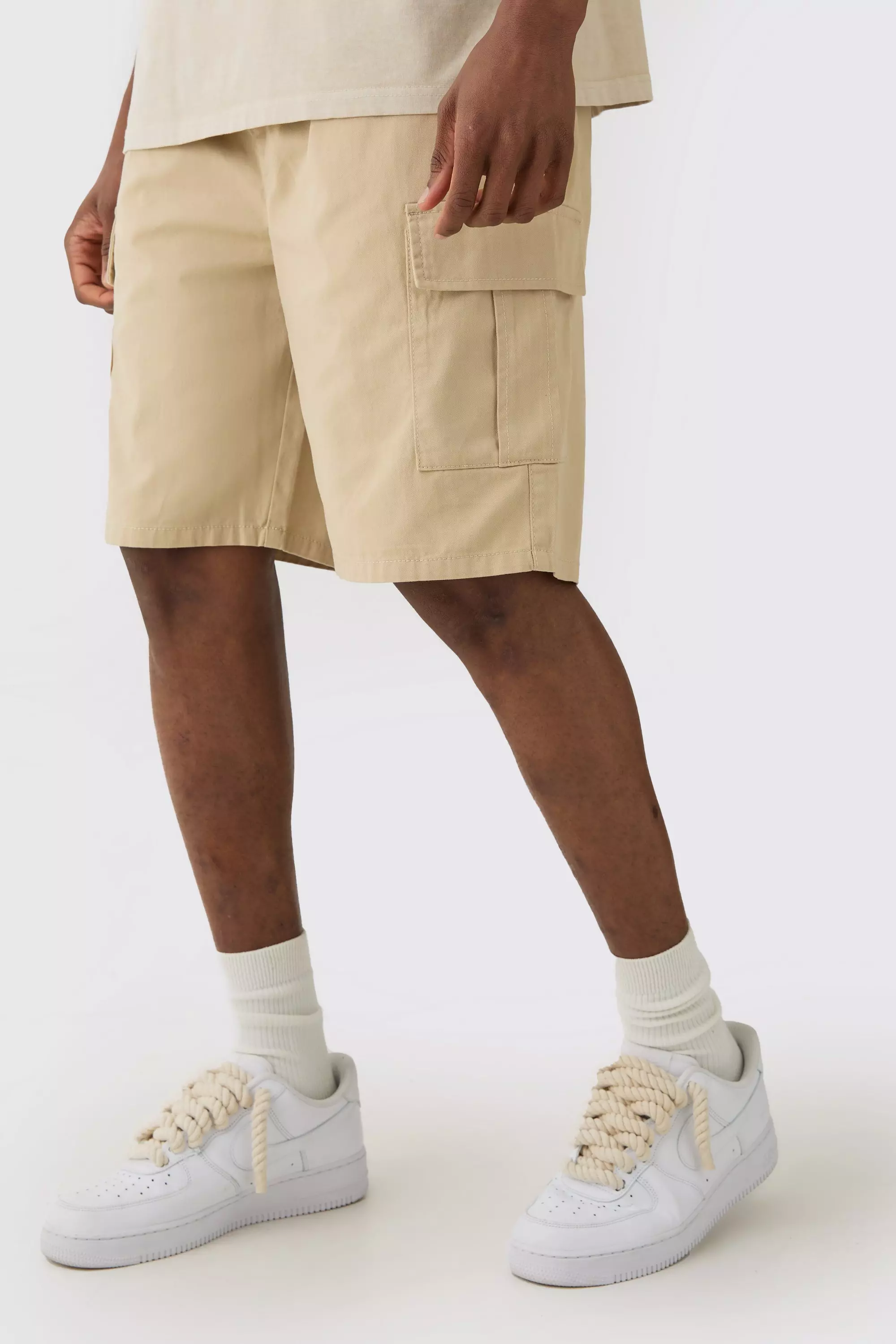 Tall Elasticated Waist Relaxed Fit Cargo Shorts Stone