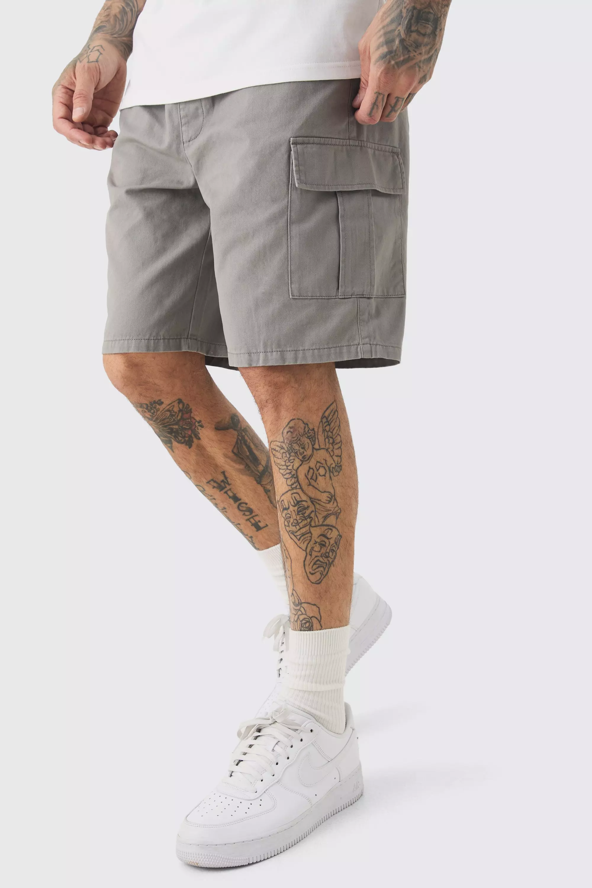 Grey Tall Elasticated Waist Grey Relaxed Fit Cargo Shorts