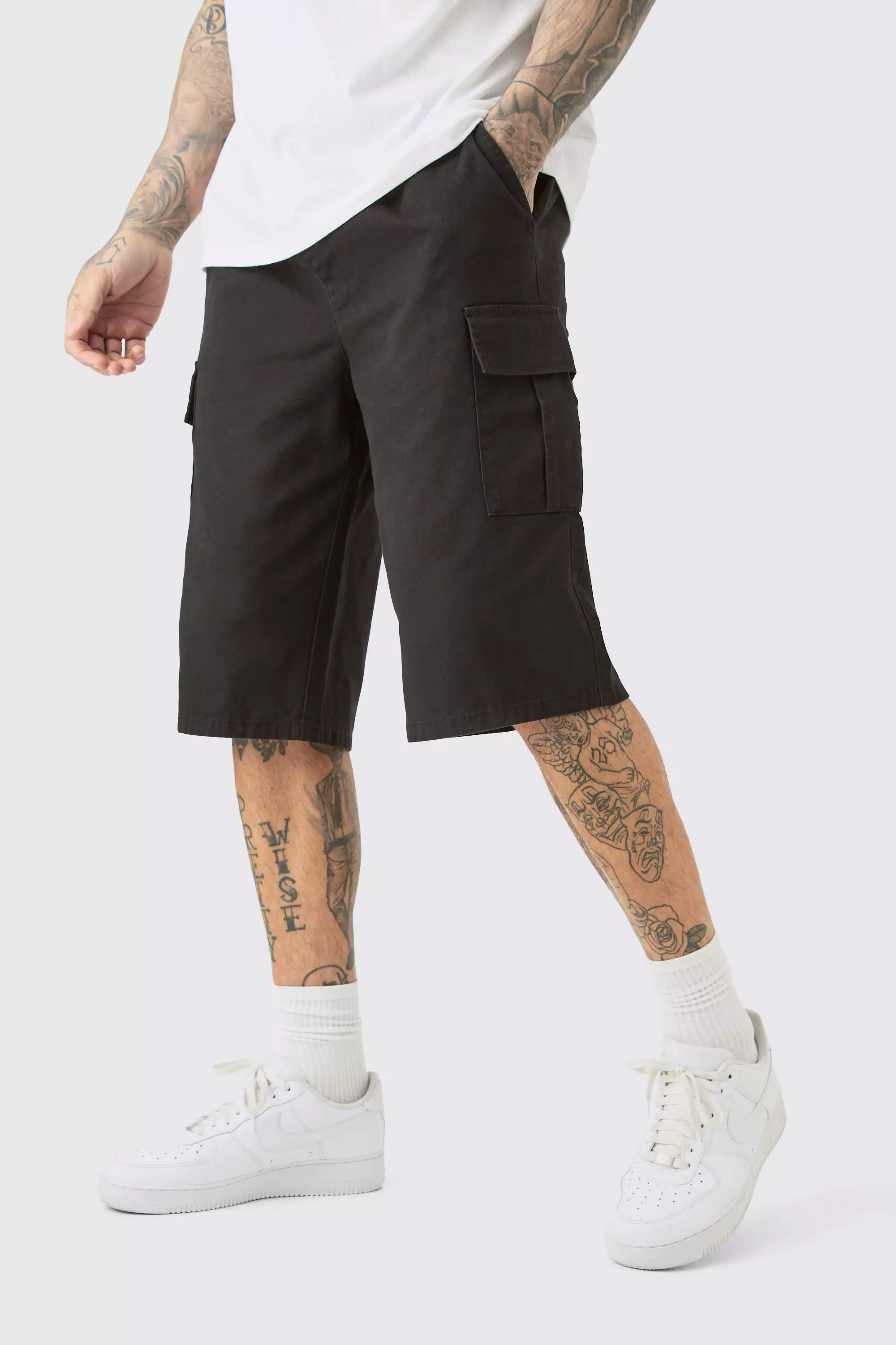 Black Tall Elastic Waist Black Relaxed Fit Longer Length Cargo Shorts