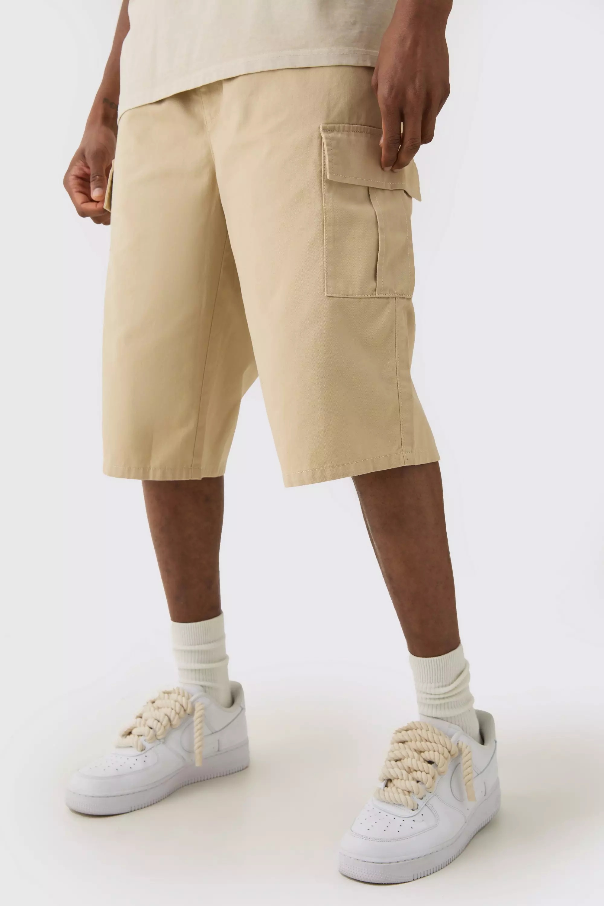 Tall Elasticated Waist Relaxed Fit Cargo Jorts Stone