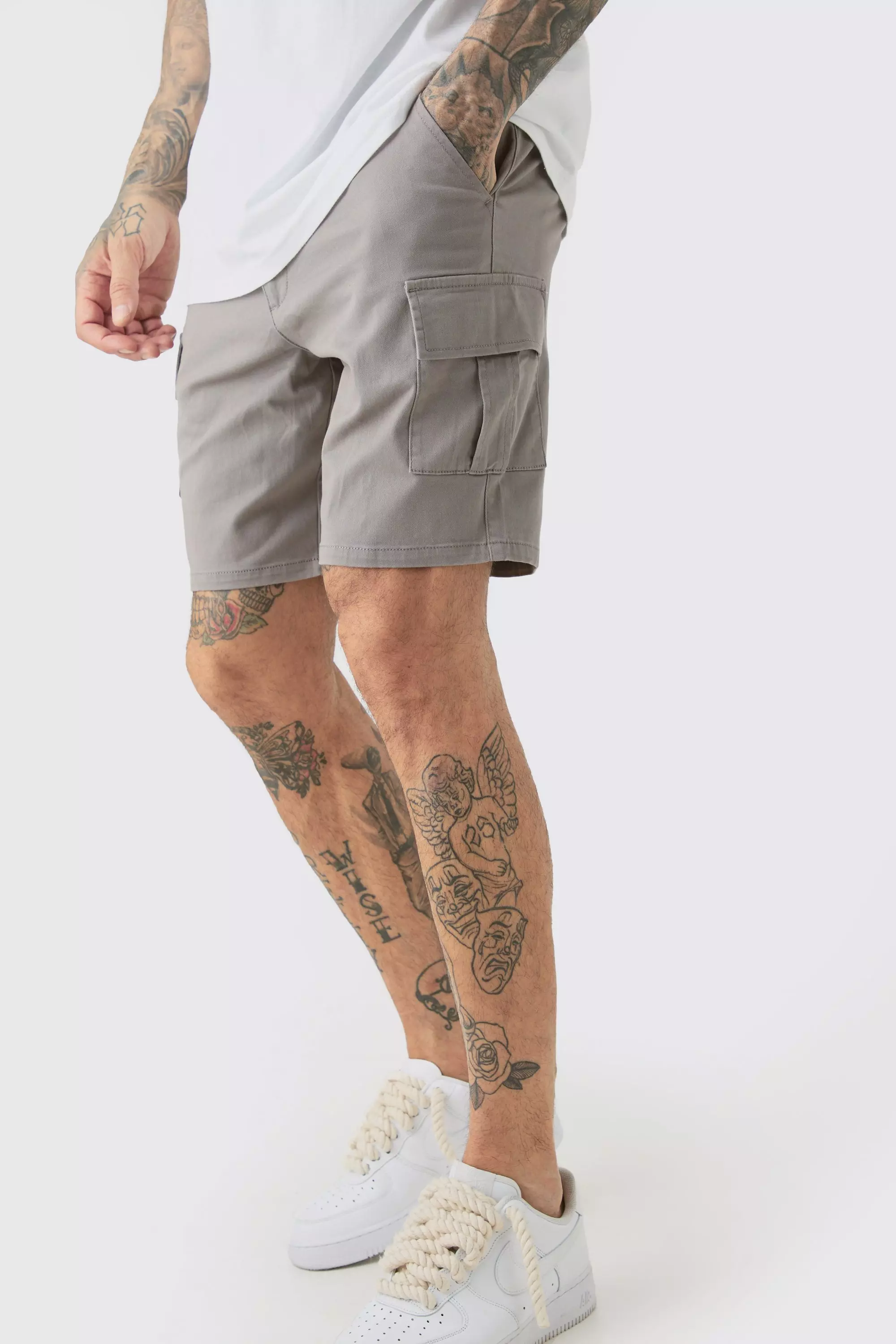 Tall Fixed Waist Grey Skinny Fit Cargo Shorts boohooMAN IE