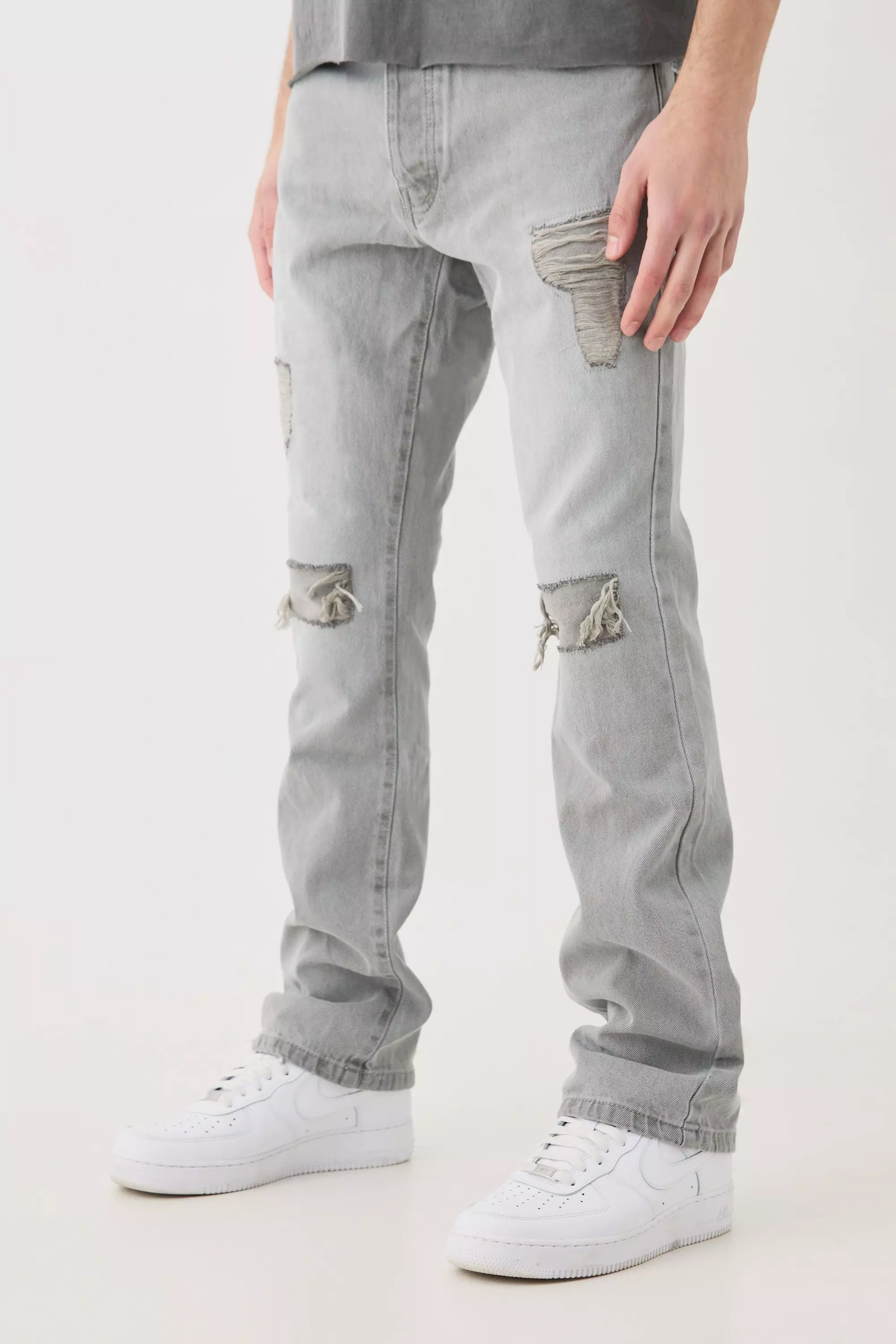 Grey Slim Flare Rip And Repair Jeans
