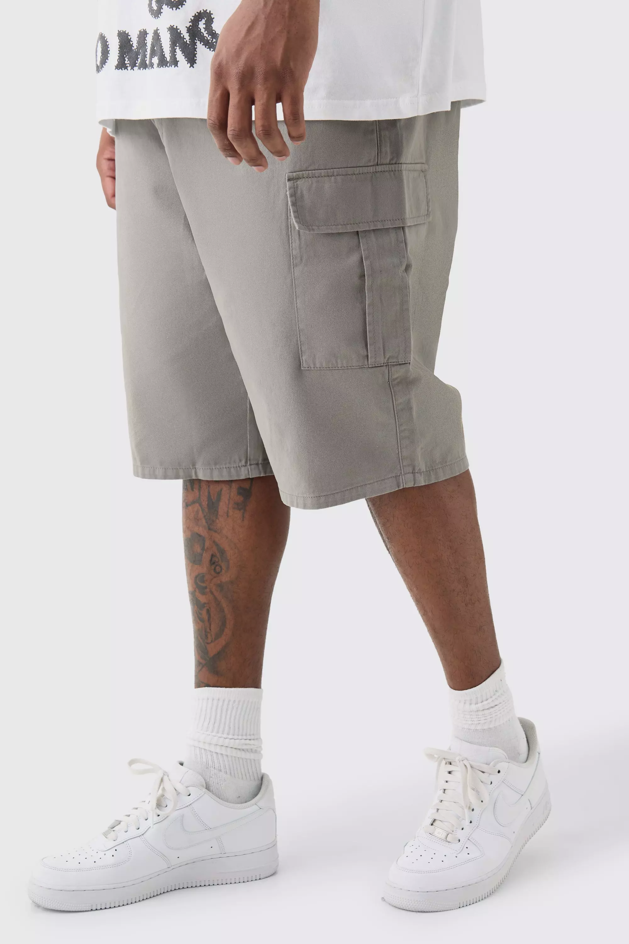 Grey Plus Elastic Waist Grey Relaxed Fit Longer Length Cargo Shorts