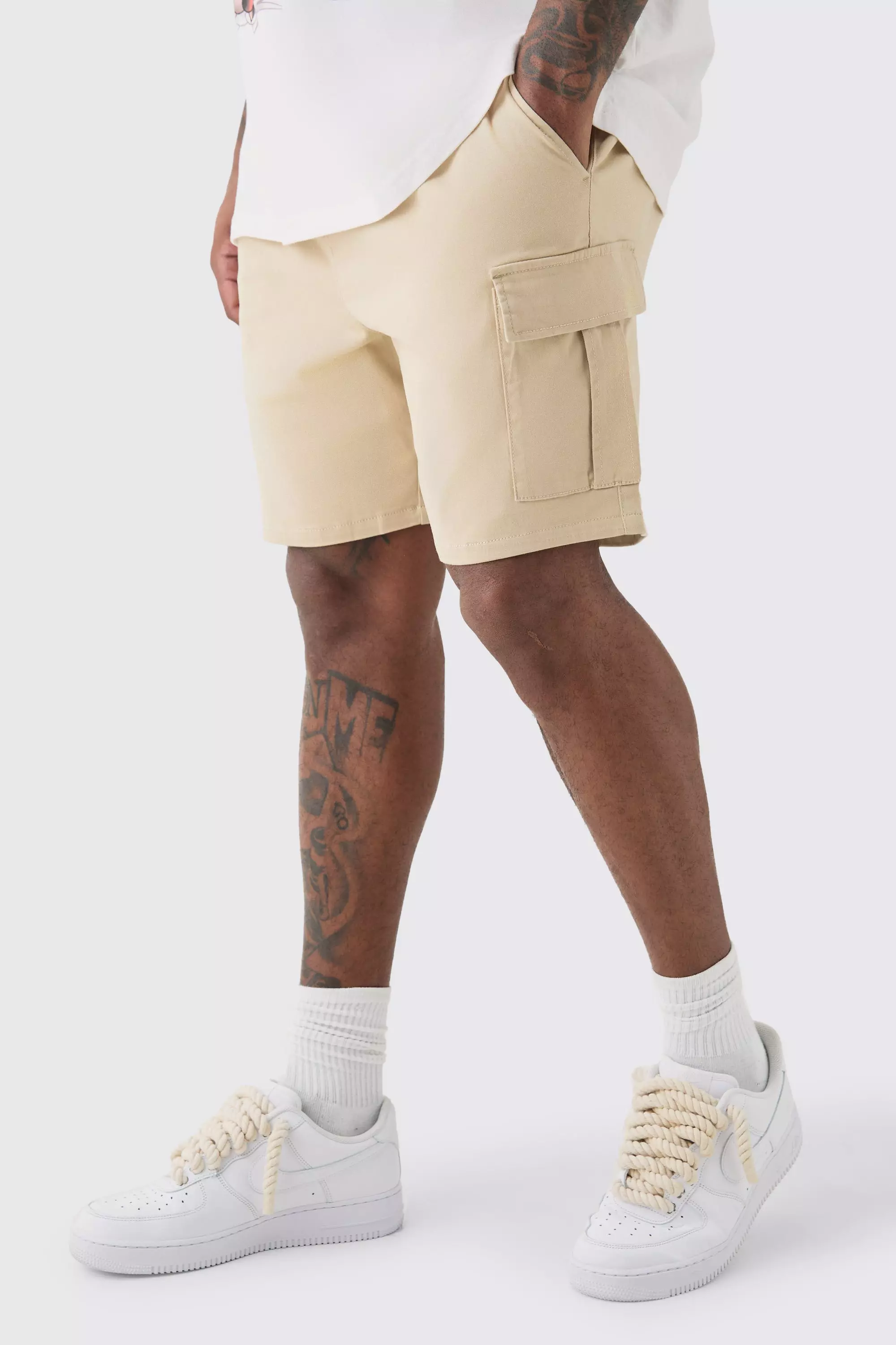 Plus Elasticated Waist Stone Slim Fit Cargo Shorts alternative image