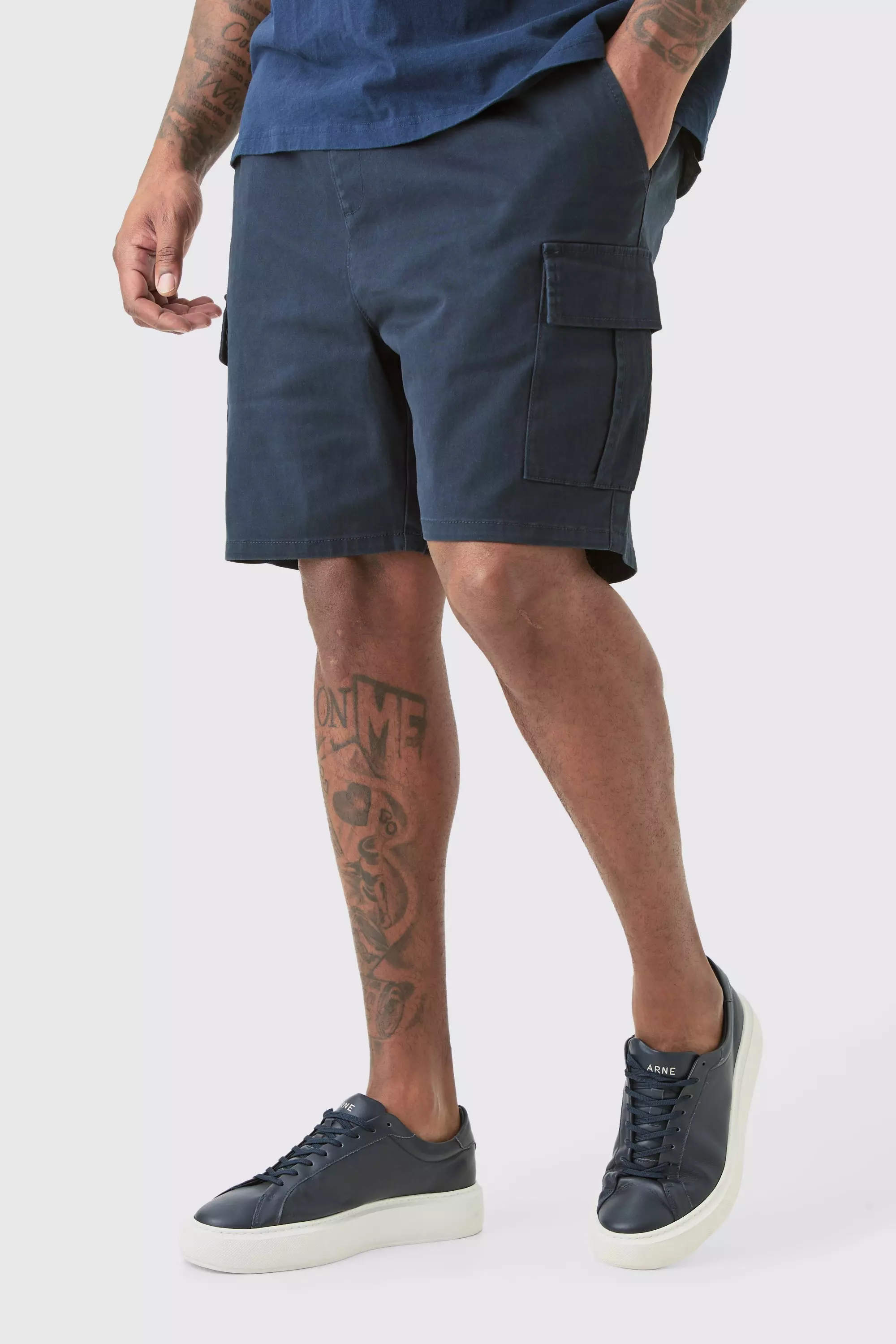 Plus Elasticated Waist Navy Skinny Fit Cargo Shorts Navy