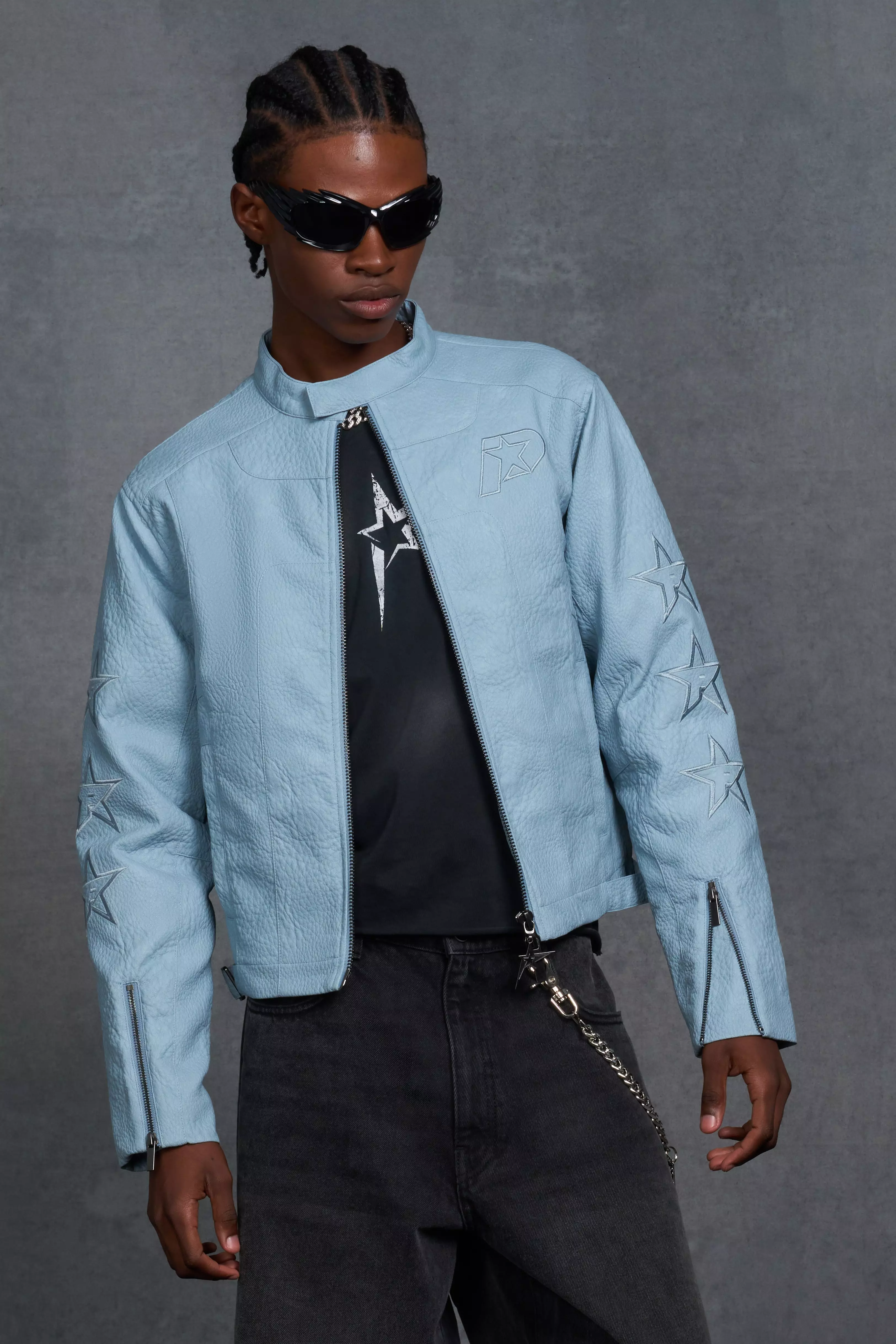 P-Star Boxy Faux Leather Panelled MOTO Jacket Blue