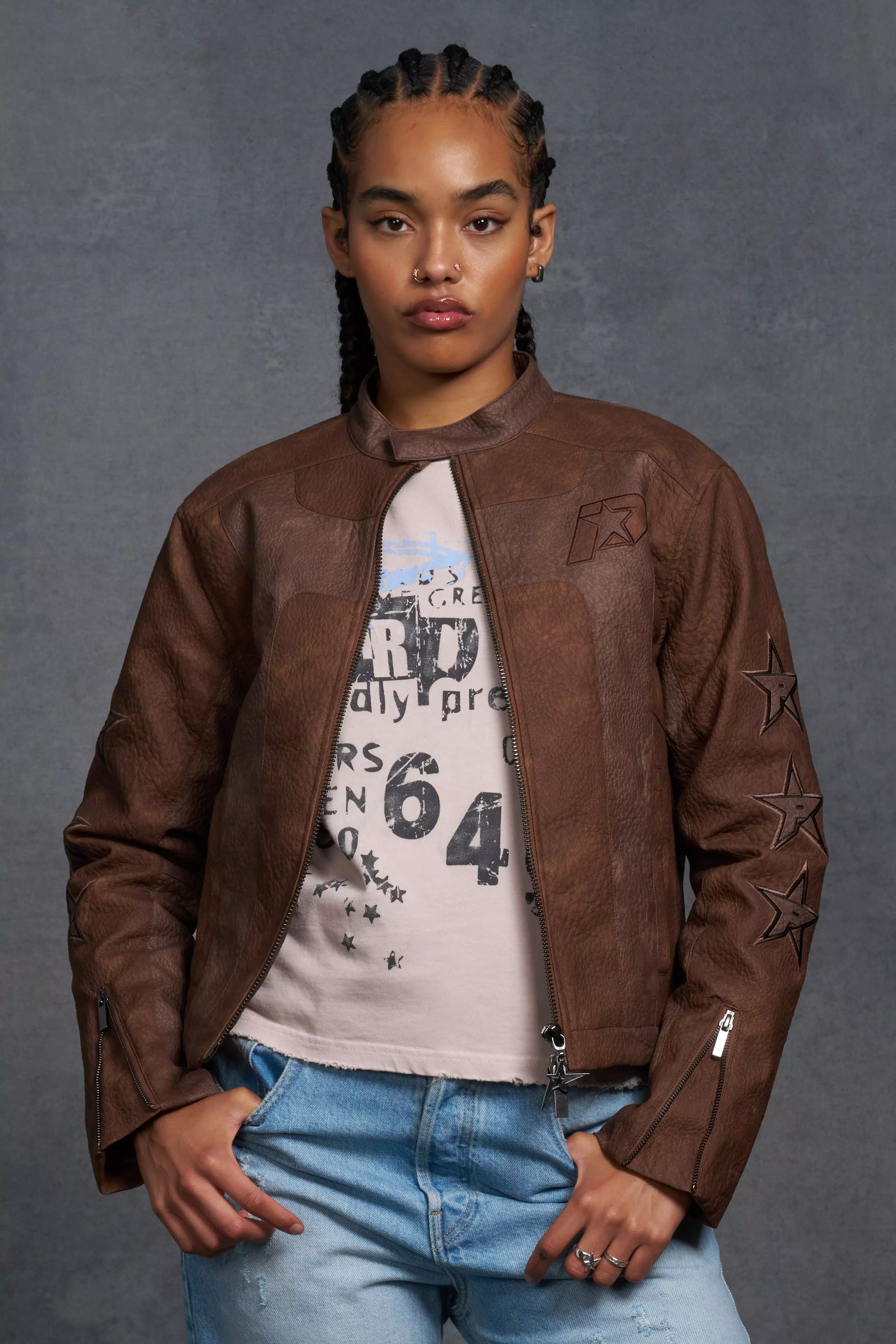 P-Star Boxy Faux Leather Panelled MOTO Jacket | boohooMAN USA