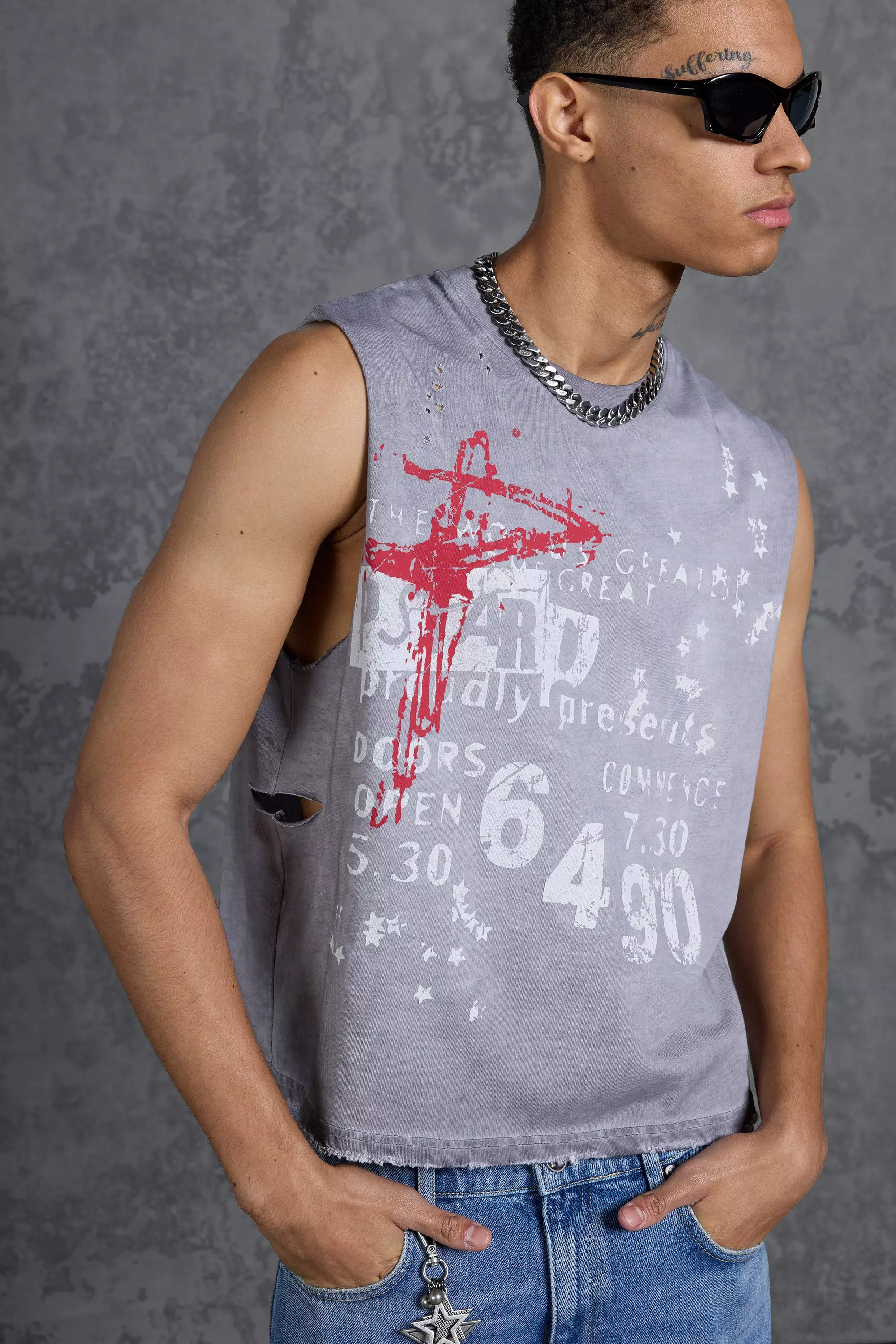 P-Star Oversized Boxy Tank Top with Graffiti Print Grey