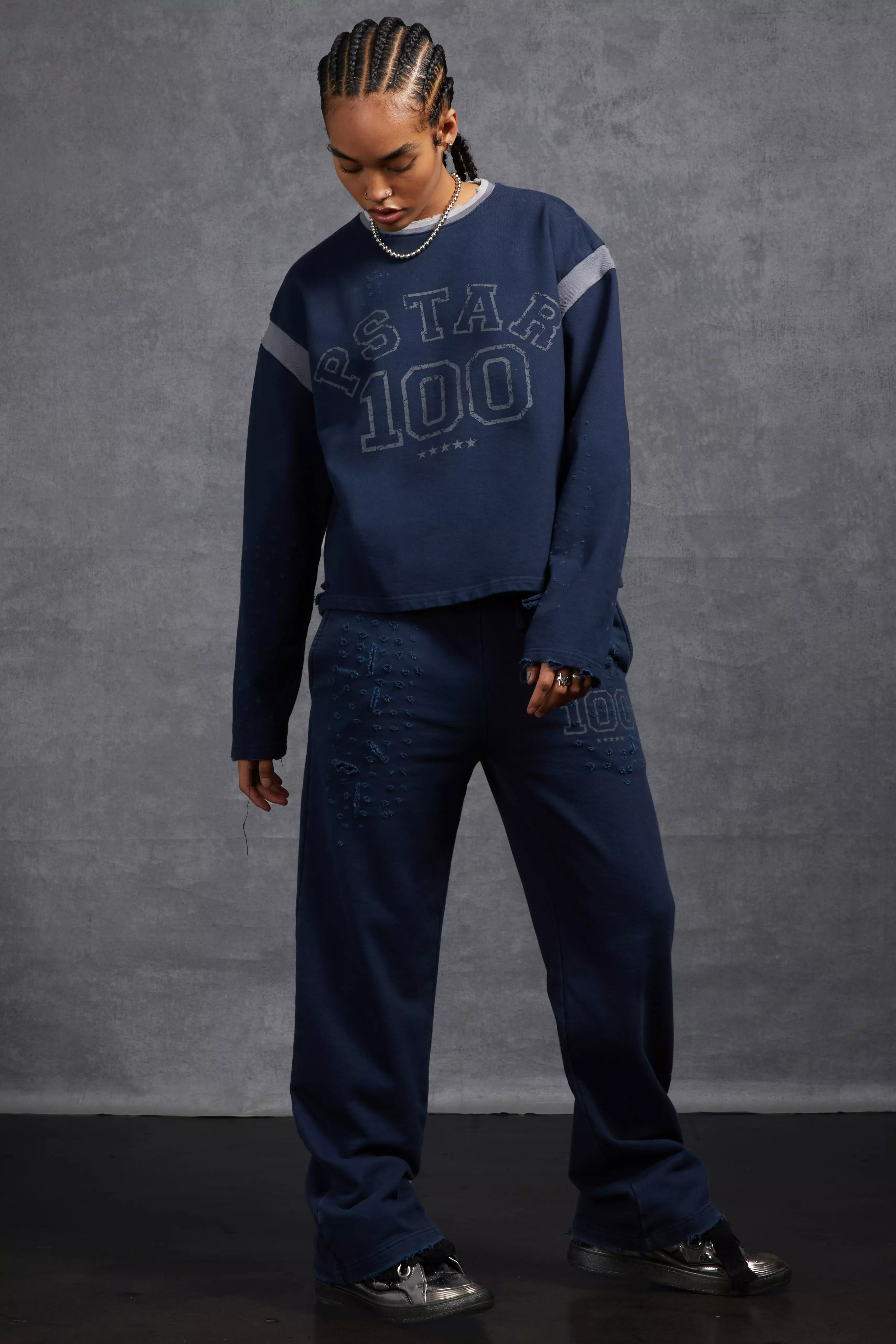 Navy P-Star Slim Fit Flare Sweatpants with Distressing alternative image