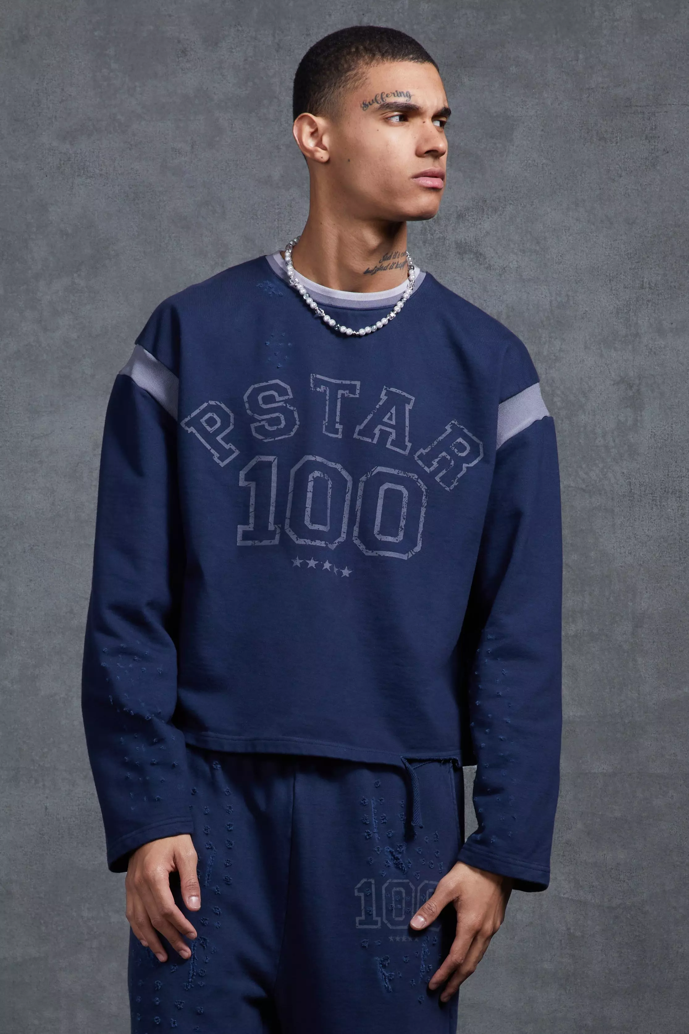 P-Star Oversized Cropped Sweatshirt with 100 Print Navy