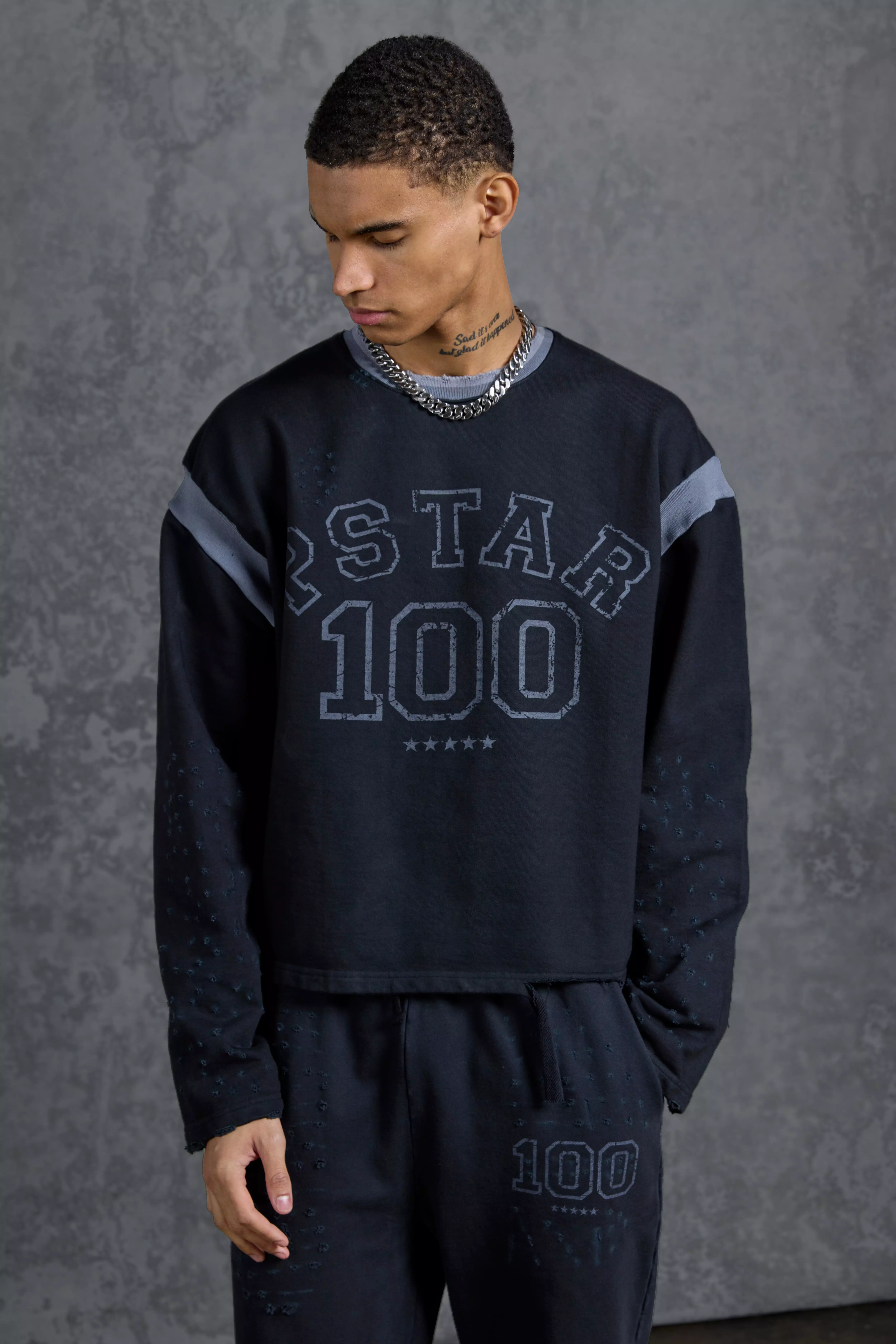 P-Star Oversized Cropped Sweatshirt with 100 Print Washed black