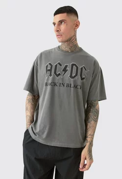 Grey Tall Oversize Acdc Acid Wash License T-shirt Grey