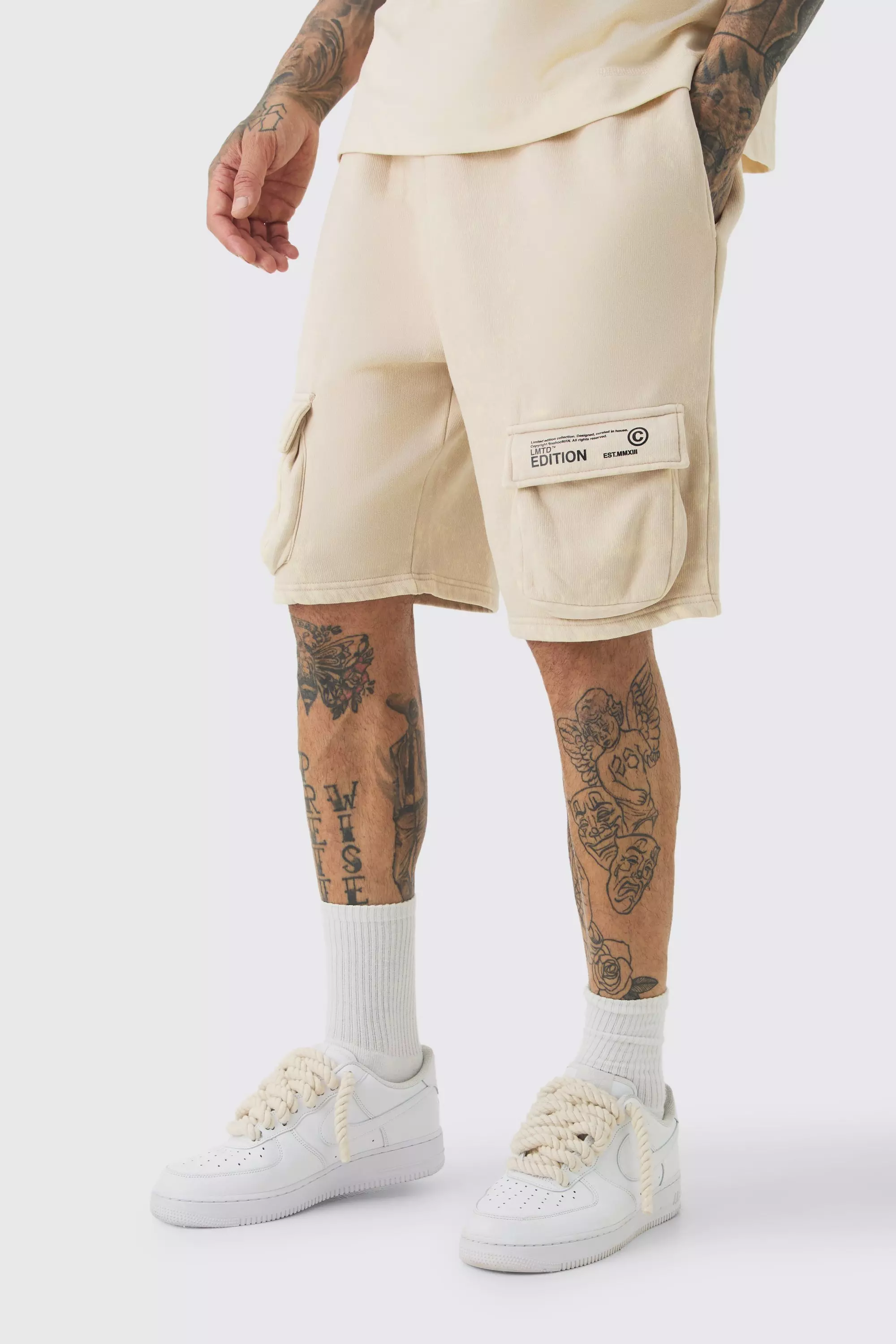 Tall Loose Fit Washed Cargo Jersey Short In Stone Stone